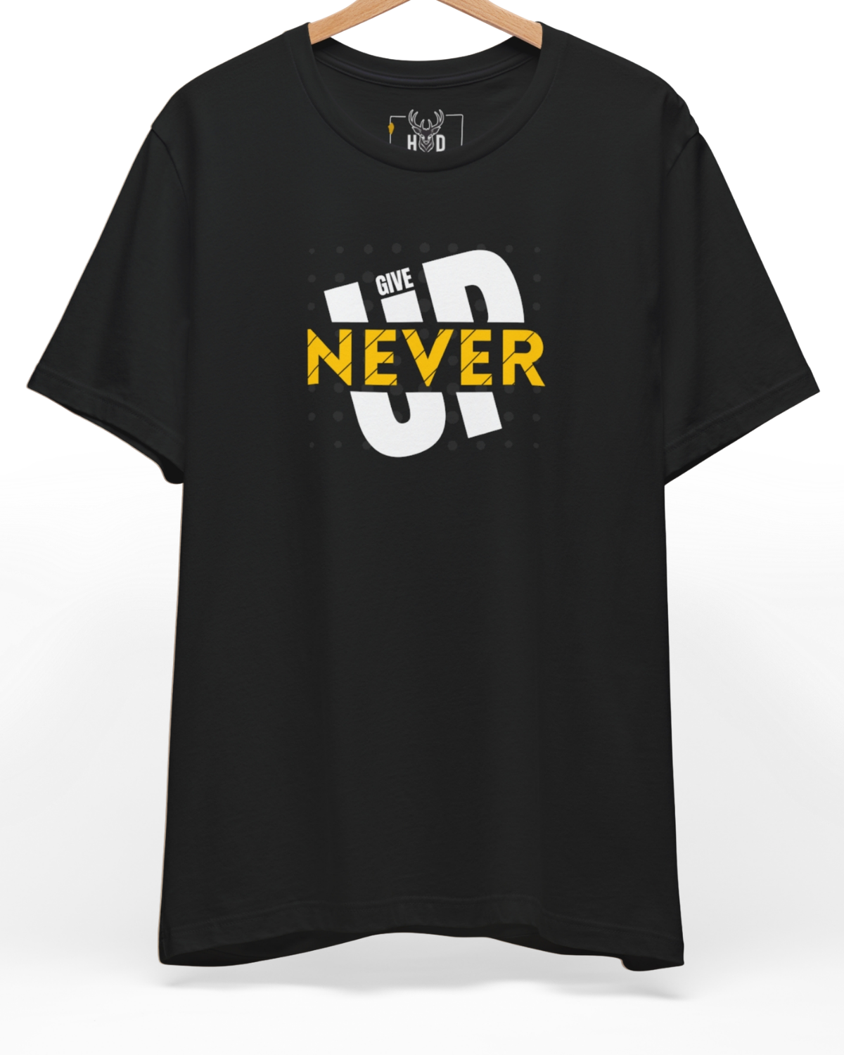 Front perspective of the black-never-give-up-shirt-motivational-typography-graphic-tee-for-men-gym-workout-holydeer-limited-edition-top.jpg garment showing the high contrast lettering printed on a premium black Holydeer shirt.