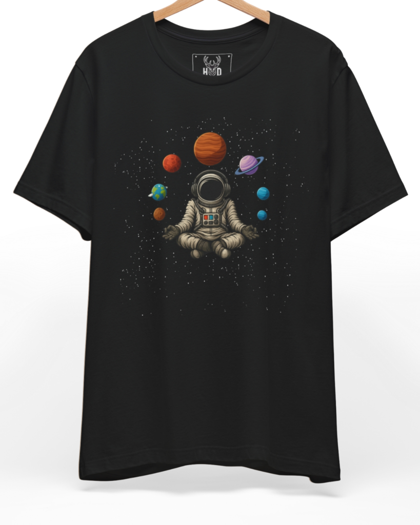 Premium Astronaut Meditate shirt displaying a high-detail aesthetic astronaut apparel and streetwear galaxy graphic layout on a deep teal cotton top, designed by Holydeer Clothing.