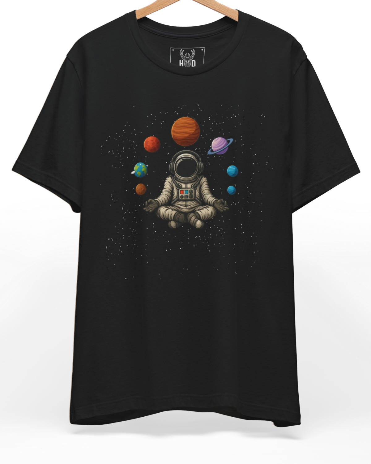 Premium Astronaut Meditate shirt displaying a high-detail aesthetic astronaut apparel and streetwear galaxy graphic layout on a deep teal cotton top, designed by Holydeer Clothing.