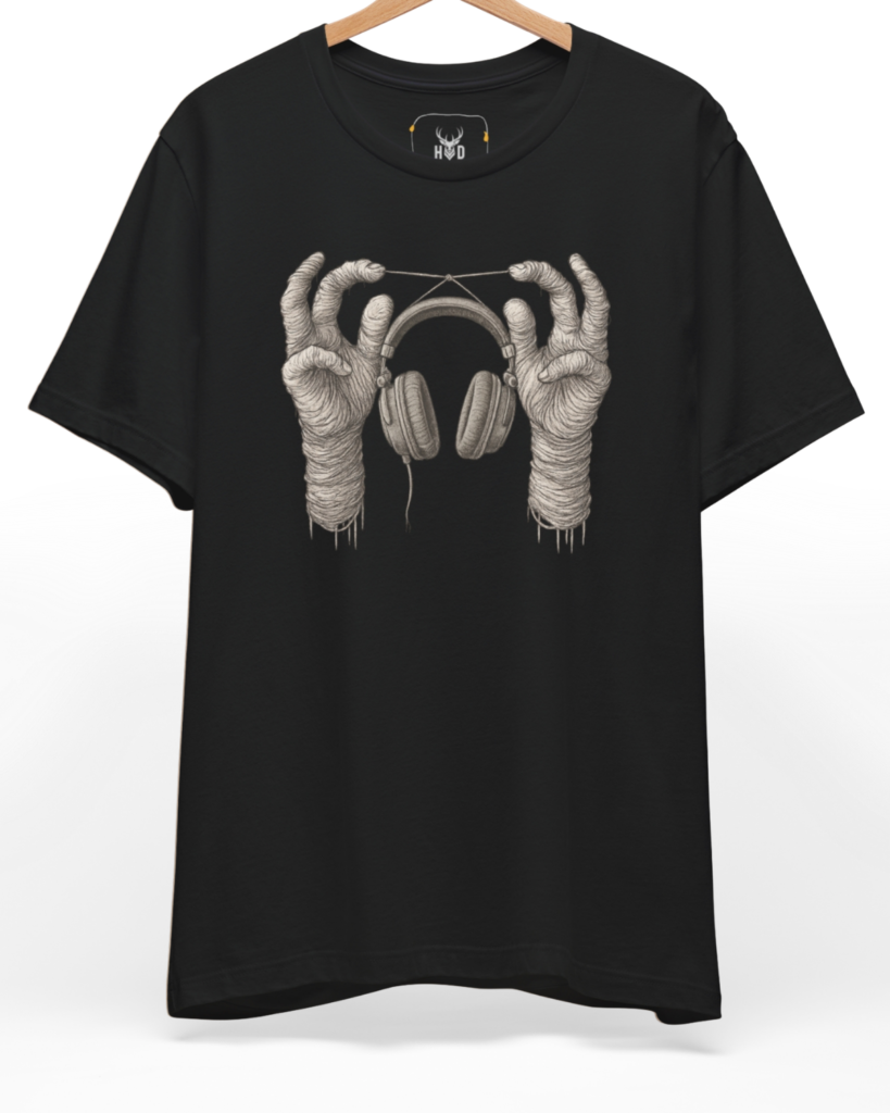 Premium Surreal Music Tee displaying a unique abstract sound art shirt skeletal hand design modern indie musician top layout on a black graphic tee backdrop, designed by Holydeer Clothing.
