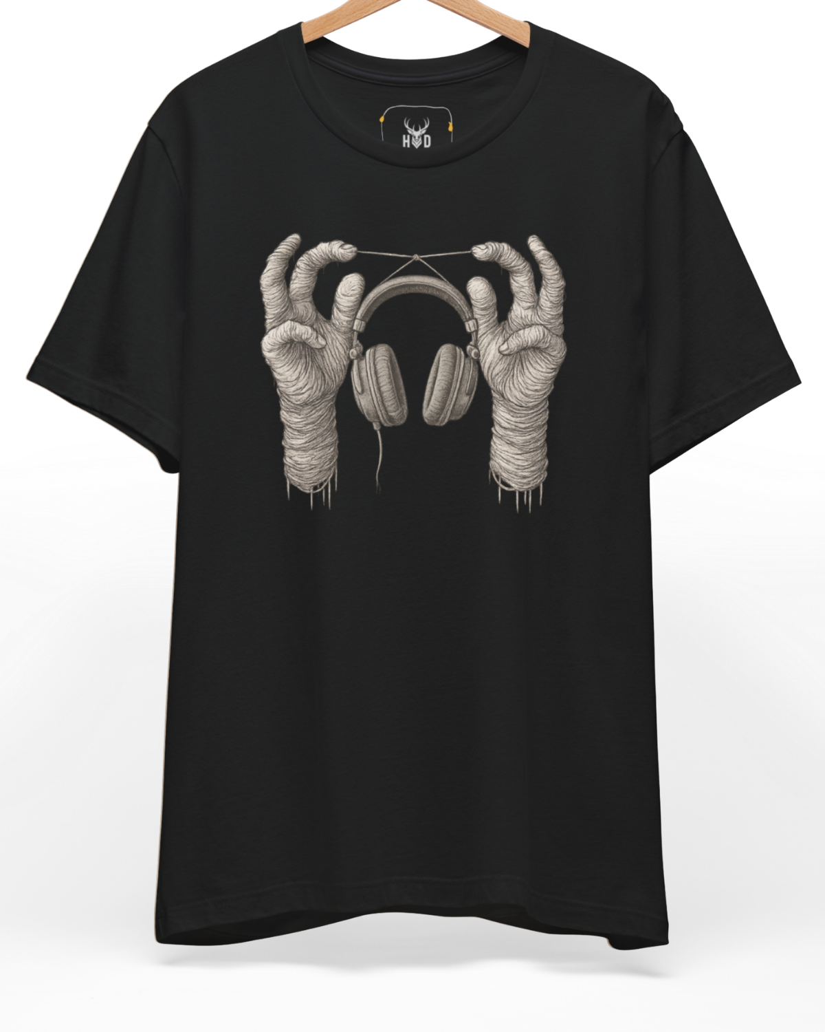Premium Surreal Music Tee displaying a unique abstract sound art shirt skeletal hand design modern indie musician top layout on a black graphic tee backdrop, designed by Holydeer Clothing.