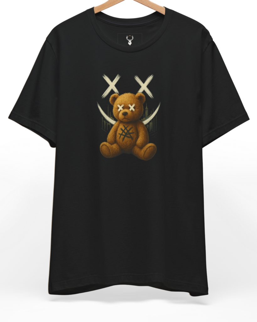 Front perspective of the black-urban-bear-shirt-edgy-teddy-streetwear-graphic-tee-for-men-dark-aesthetic-holydeer.jpg garment showing the high contrast screen print on a premium black Holydeer shirt.
