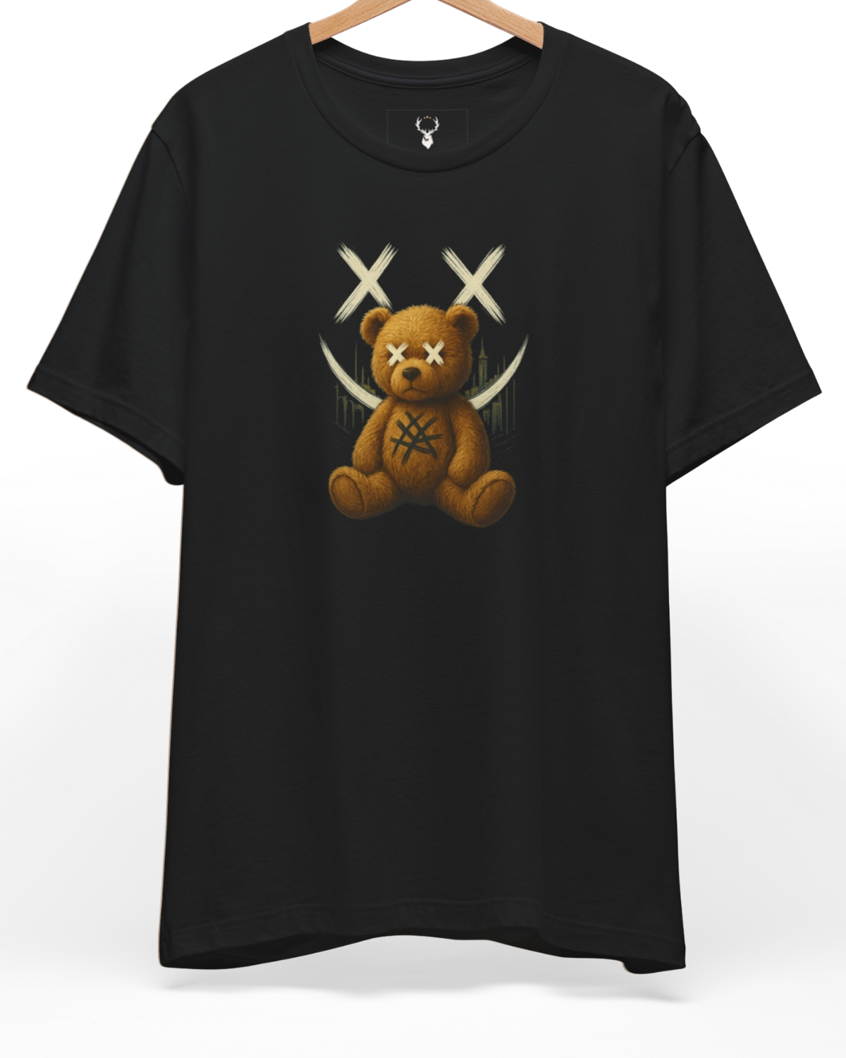 Front perspective of the black-urban-bear-shirt-edgy-teddy-streetwear-graphic-tee-for-men-dark-aesthetic-holydeer.jpg garment showing the high contrast screen print on a premium black Holydeer shirt.