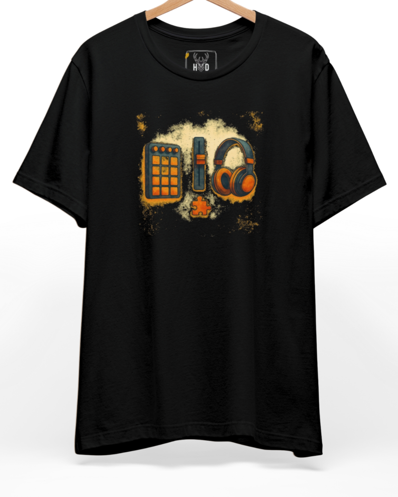 Detailed catalog angle of the aesthetic-beatmaker-shirt-producer-puzzle-tee-sound-designer-top-apparel-men-fashion-holydeer-original.jpg garment displaying the orange and charcoal hardware print on off-white fabric.