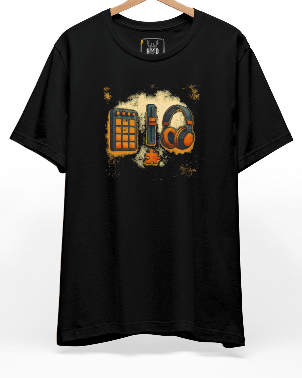 Detailed catalog angle of the aesthetic-beatmaker-shirt-producer-puzzle-tee-sound-designer-top-apparel-men-fashion-holydeer-original.jpg garment displaying the orange and charcoal hardware print on off-white fabric.