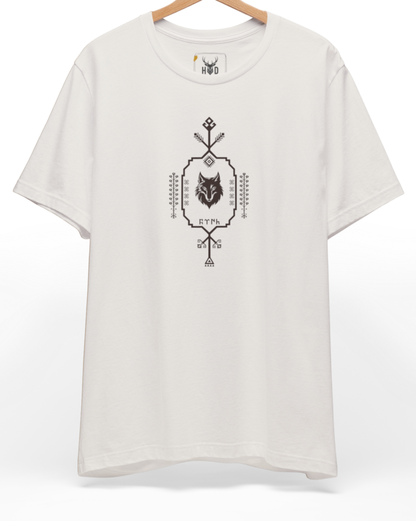 Centered layout preview of the boru-bozkurt-tshirt-turkic-motif-anatolian-ethnic-pattern-tribal-wolf-symbol-heritage-minimal-white-shirt-holydeer-design.jpg garment showing the dark gray ethnic print on a premium white Holydeer shirt.