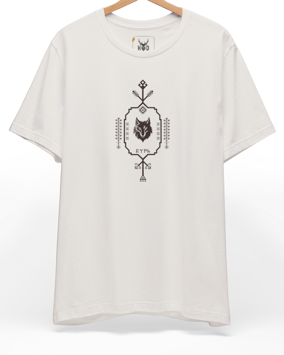 Centered layout preview of the boru-bozkurt-tshirt-turkic-motif-anatolian-ethnic-pattern-tribal-wolf-symbol-heritage-minimal-white-shirt-holydeer-design.jpg garment showing the dark gray ethnic print on a premium white Holydeer shirt.