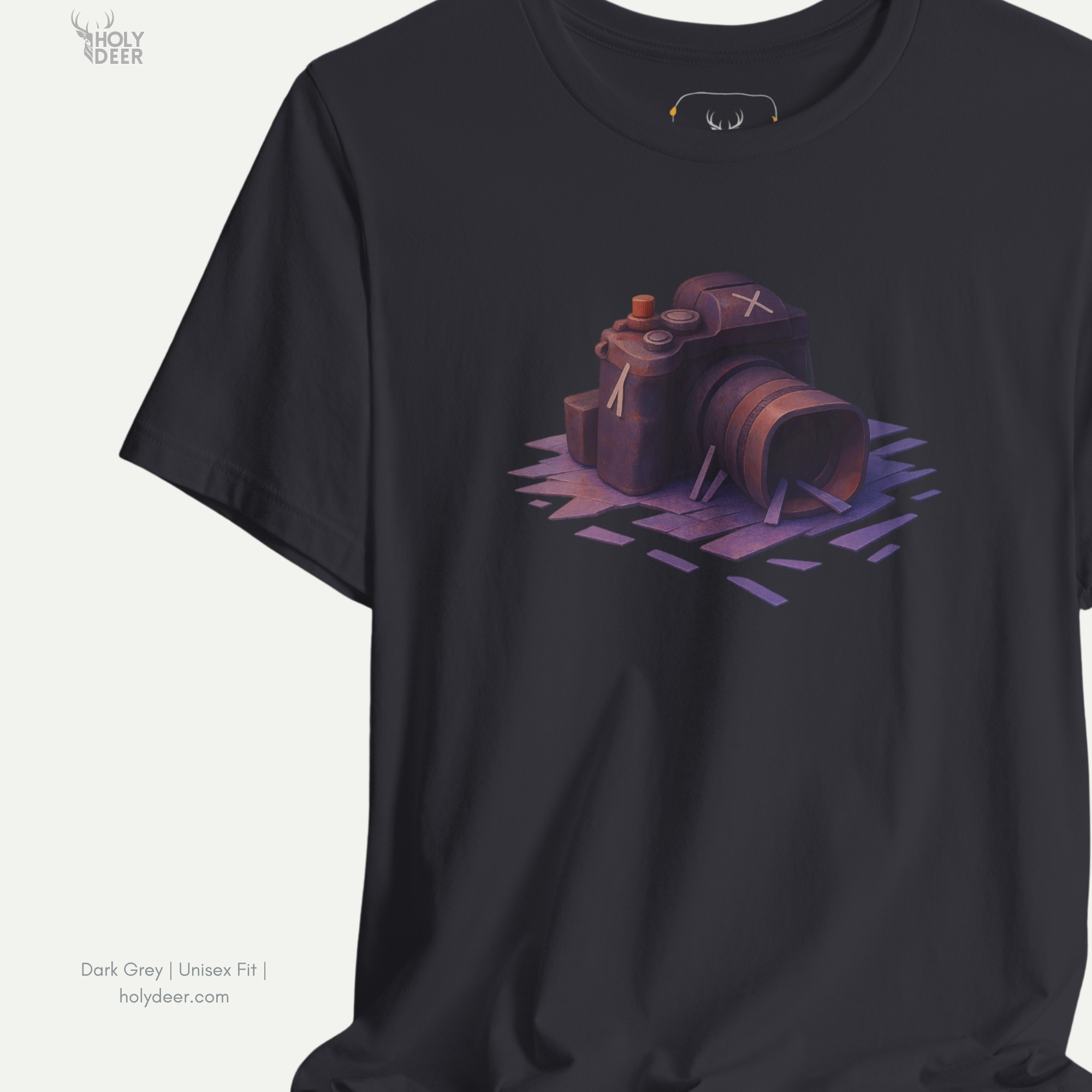 Soft dramatic shadow studio backdrop framing the unique Photographer Shirt by Holydeer Streetwear, magnifying the clean centered photography tee placement and premium camera lover shirt presentation.
