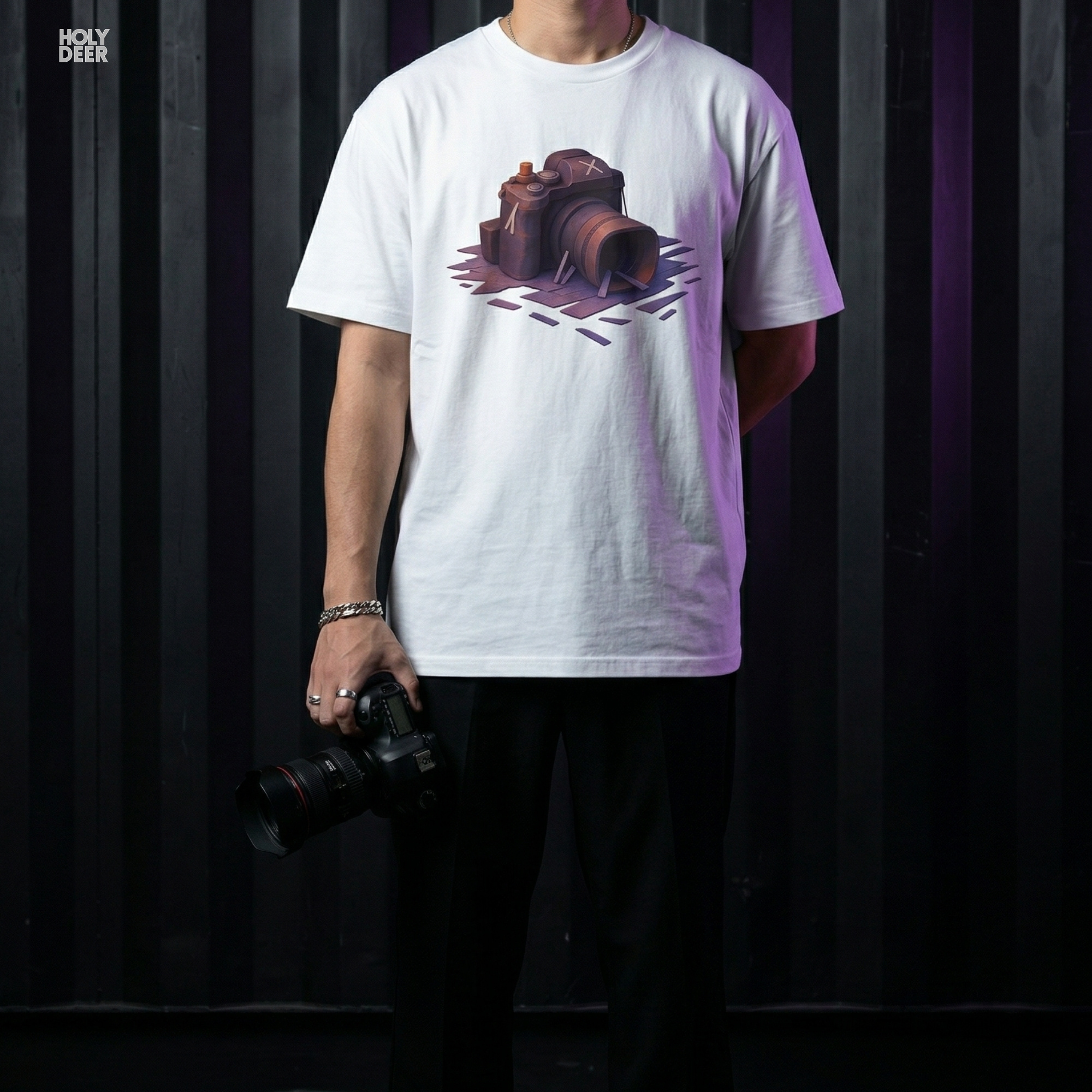 Modern brutalist art gallery studio concrete architecture outdoor lifestyle model wearing the centered Photographer Shirt from Holydeer Clothing, standing as a high-end photographer gift statement matching elite photography tshirt trends.