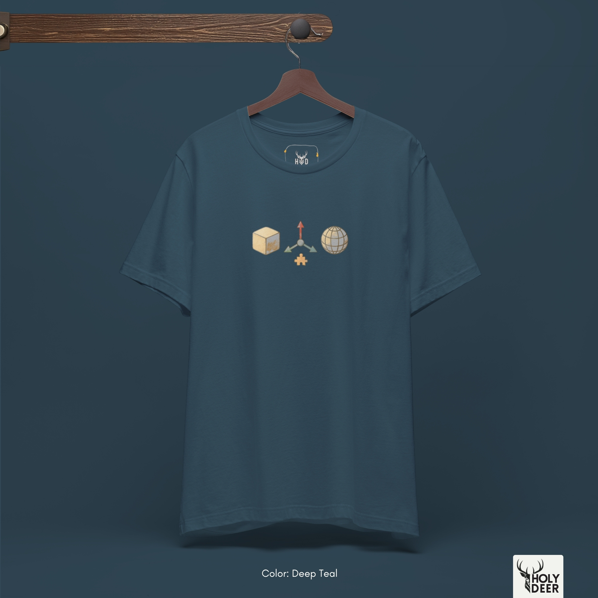Overhead lookbook arrangement displaying the 3d software tee folded neatly alongside metallic gray processor chips and geometric golden pyrite specimens.