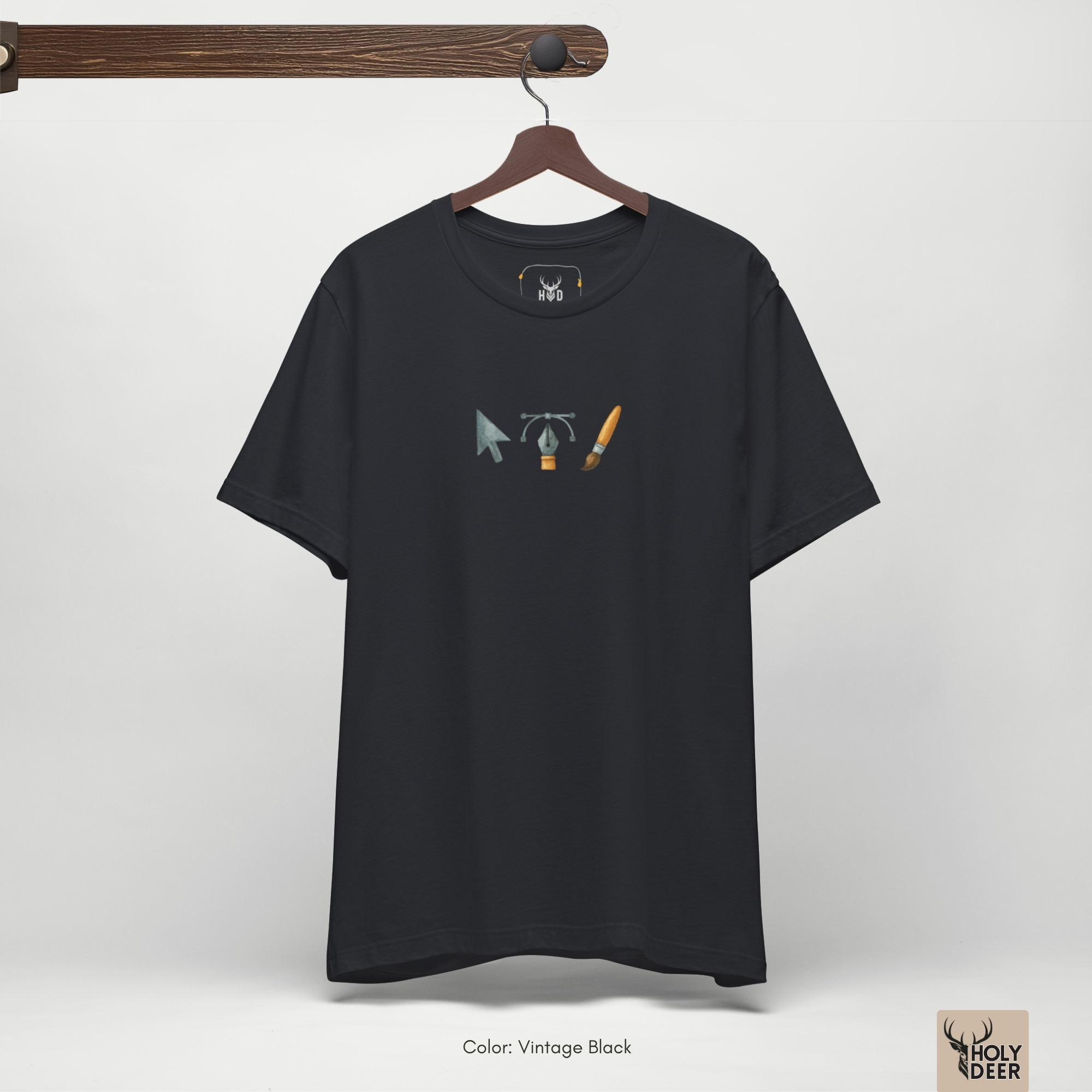 Technical close-up highlighting the pointed fiber tip, golden ferrule joint band, and smooth orange-brown wooden handle forming the peak of the blender artist tee print.