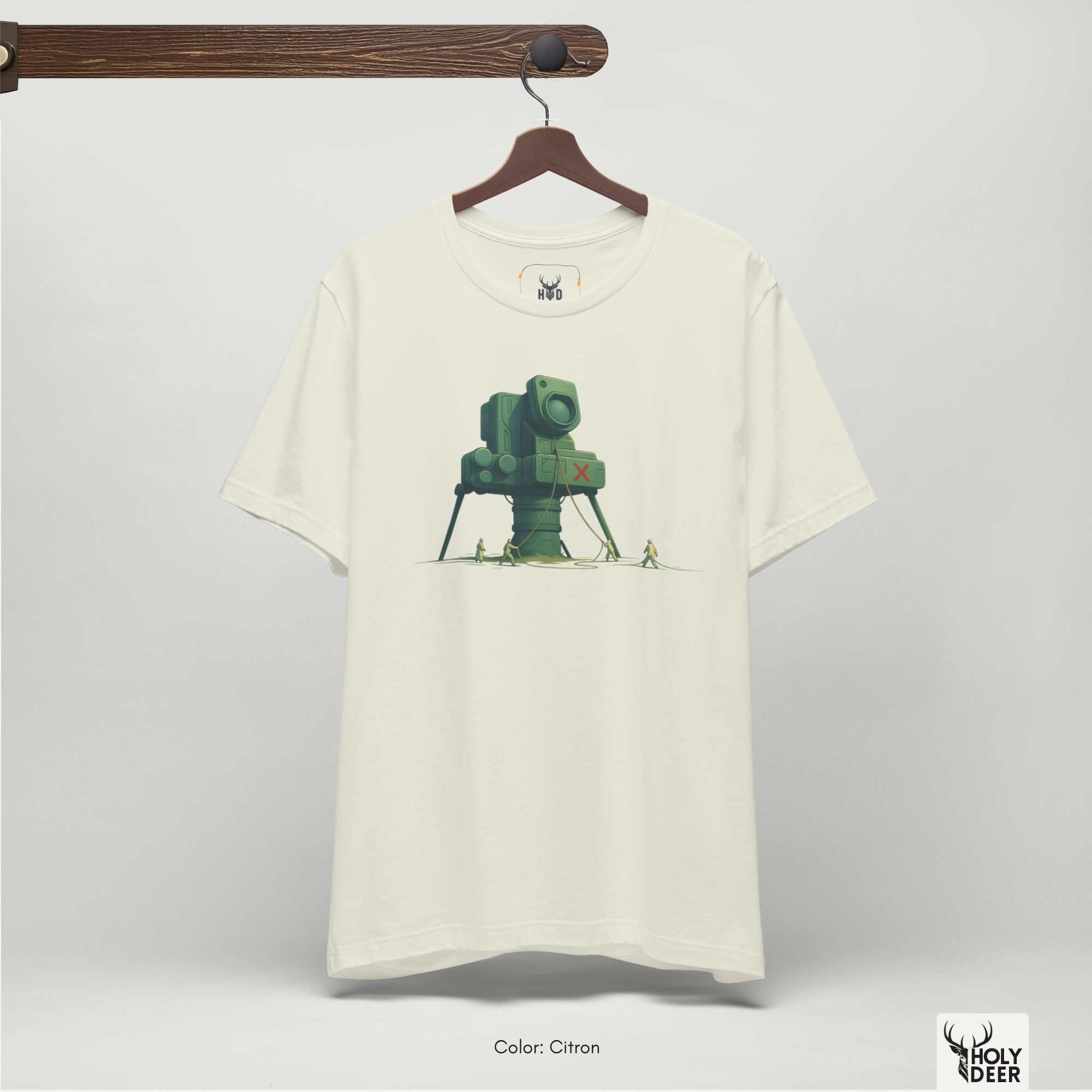 Modern brutalist industrial outpost architecture outdoor lifestyle model wearing the centered Creative Photo Tee from Holydeer Clothing, standing as a high-end photographer gift statement matching elite sci fi explorer tee trends.
