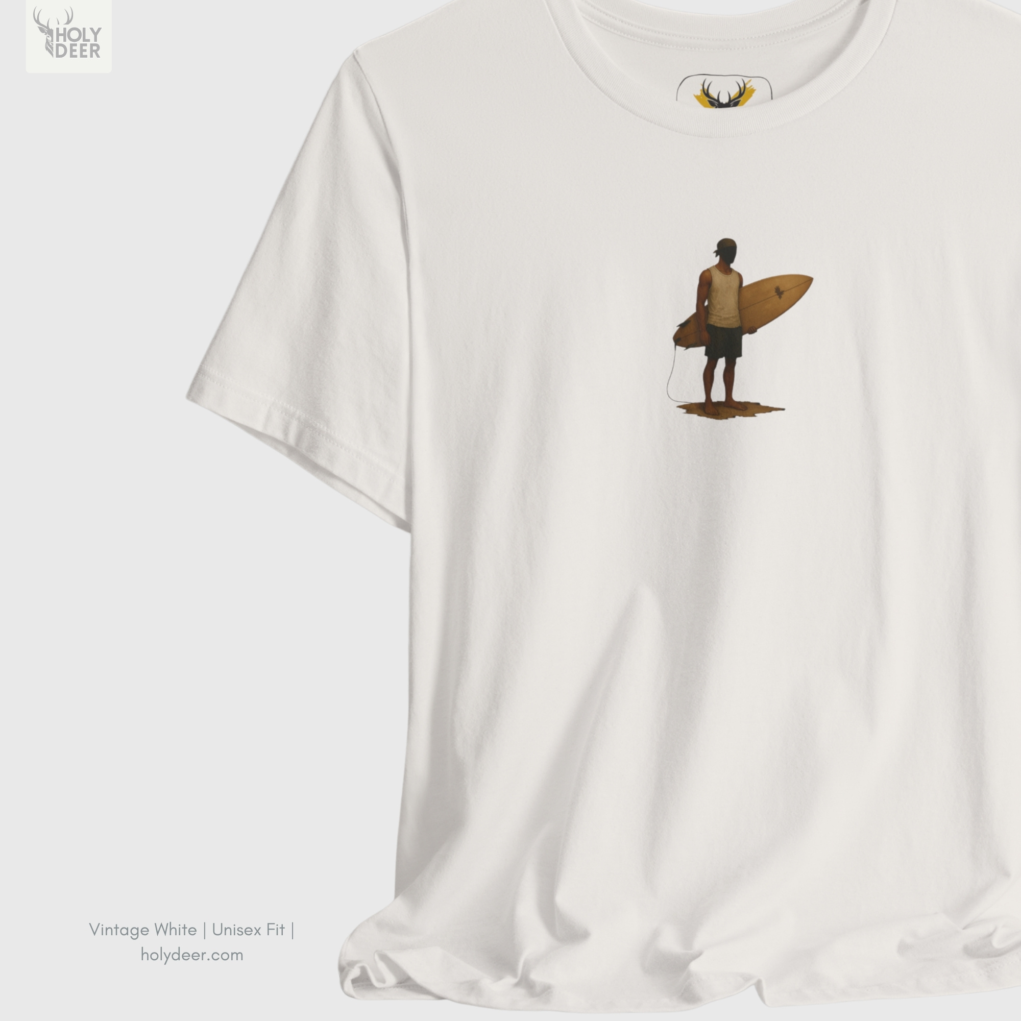 Soft amber sunset ray shadow studio backdrop framing the unique Retro Surfer Shirt by Holydeer Streetwear, magnifying the clean off-centered surfboard graphic placement and premium indie surfer gift presentation.