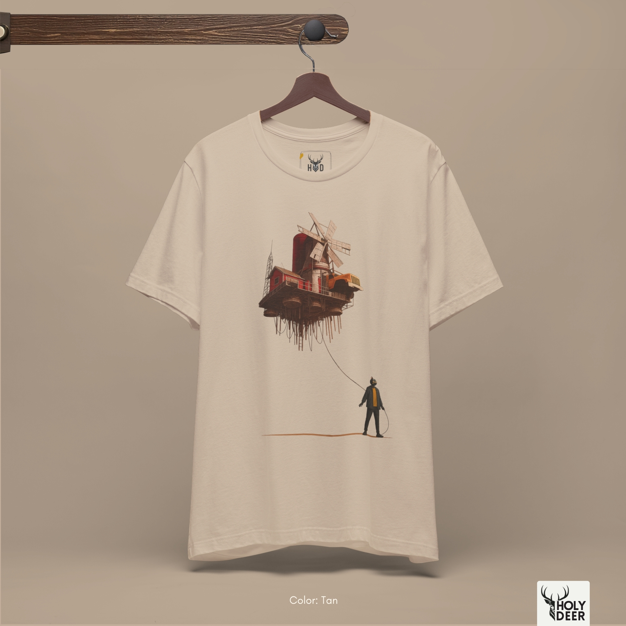 Industrial concrete art gallery lifestyle model wearing the centered Surreal Art Tshirt from Holydeer Clothing, standing as a high-end modern art tshirt statement matching elite abstract tshirt trends.