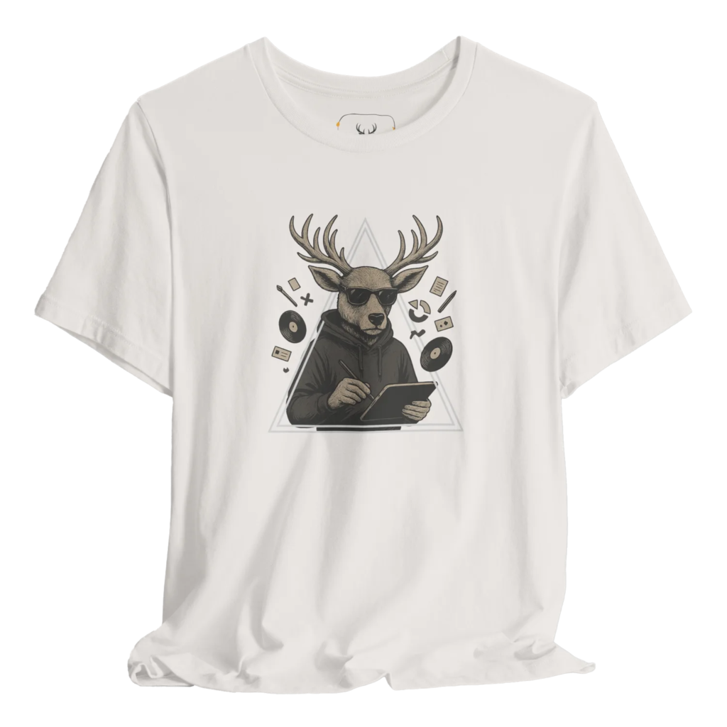Stylish Cool Deer Graphic Music Lover T-Shirt made from premium cotton. Features a unique deer design, perfect for music enthusiasts and nature lovers. Ideal for casual wear, this t-shirt is suitable for both men and women who enjoy fun and trendy apparel. A great addition to any outdoor wardrobe.