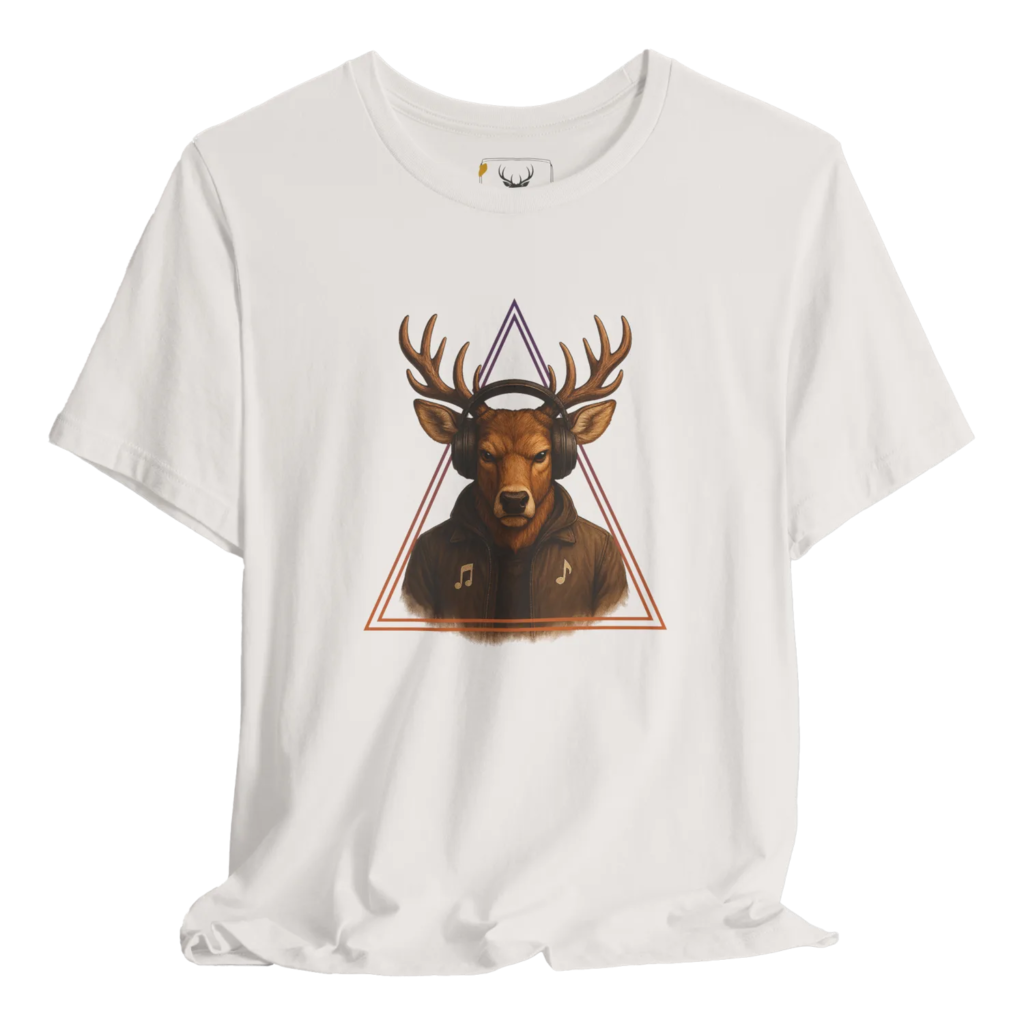 Cool Deer Graphic Music Lover T-Shirt for Men featuring a stylish deer design, perfect for music enthusiasts. Made from soft cotton, this nature-themed tee is ideal for casual wear. Unique graphic tee showcases a blend of music and wildlife, making it a must-have for stylish men who appreciate quirky and vintage designs.