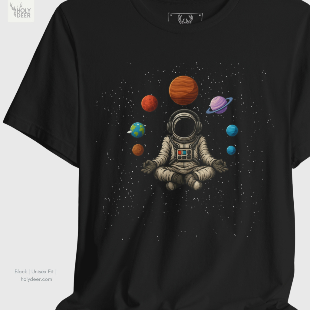 Modern brutalist concrete observatory architecture outdoor lifestyle model wearing the centered Astronaut Meditate from Holydeer Clothing, standing as a high-end streetwear galaxy statement matching elite moon relaxing shirt trends.