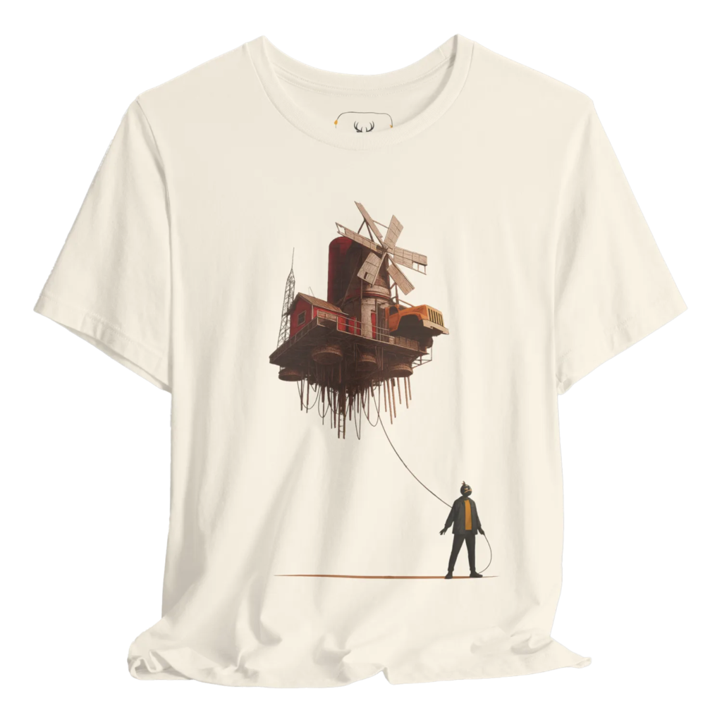 Artistic Floating Home Adventure T-Shirt featuring a whimsical design of a floating house amidst an imaginary landscape. This creative adventure t-shirt is made for dreamers and lovers of art. Its unique graphic appeals to artists and those seeking to explore their imagination through fashionable apparel.