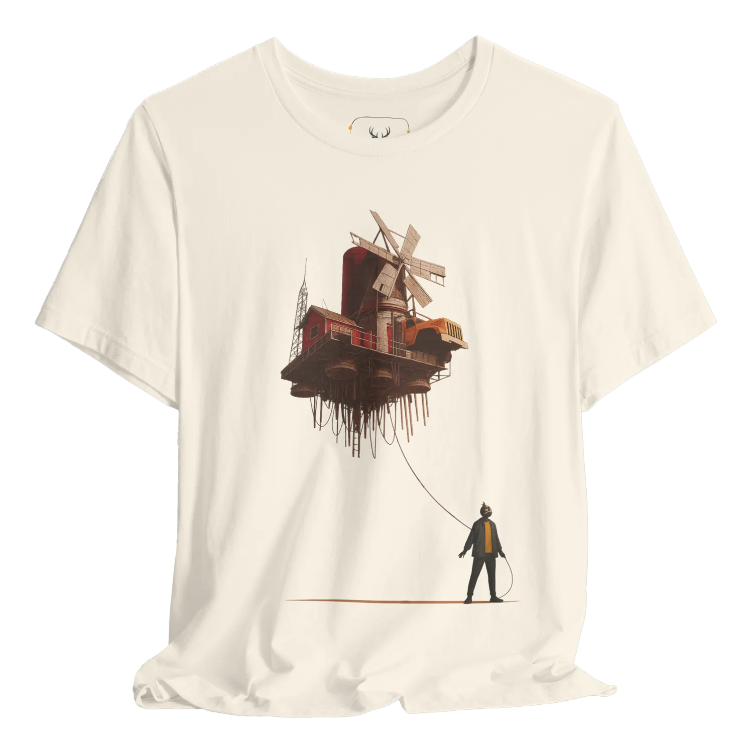 Artistic Floating Home Adventure T-Shirt featuring a whimsical design of a floating house amidst an imaginary landscape. This creative adventure t-shirt is made for dreamers and lovers of art. Its unique graphic appeals to artists and those seeking to explore their imagination through fashionable apparel.