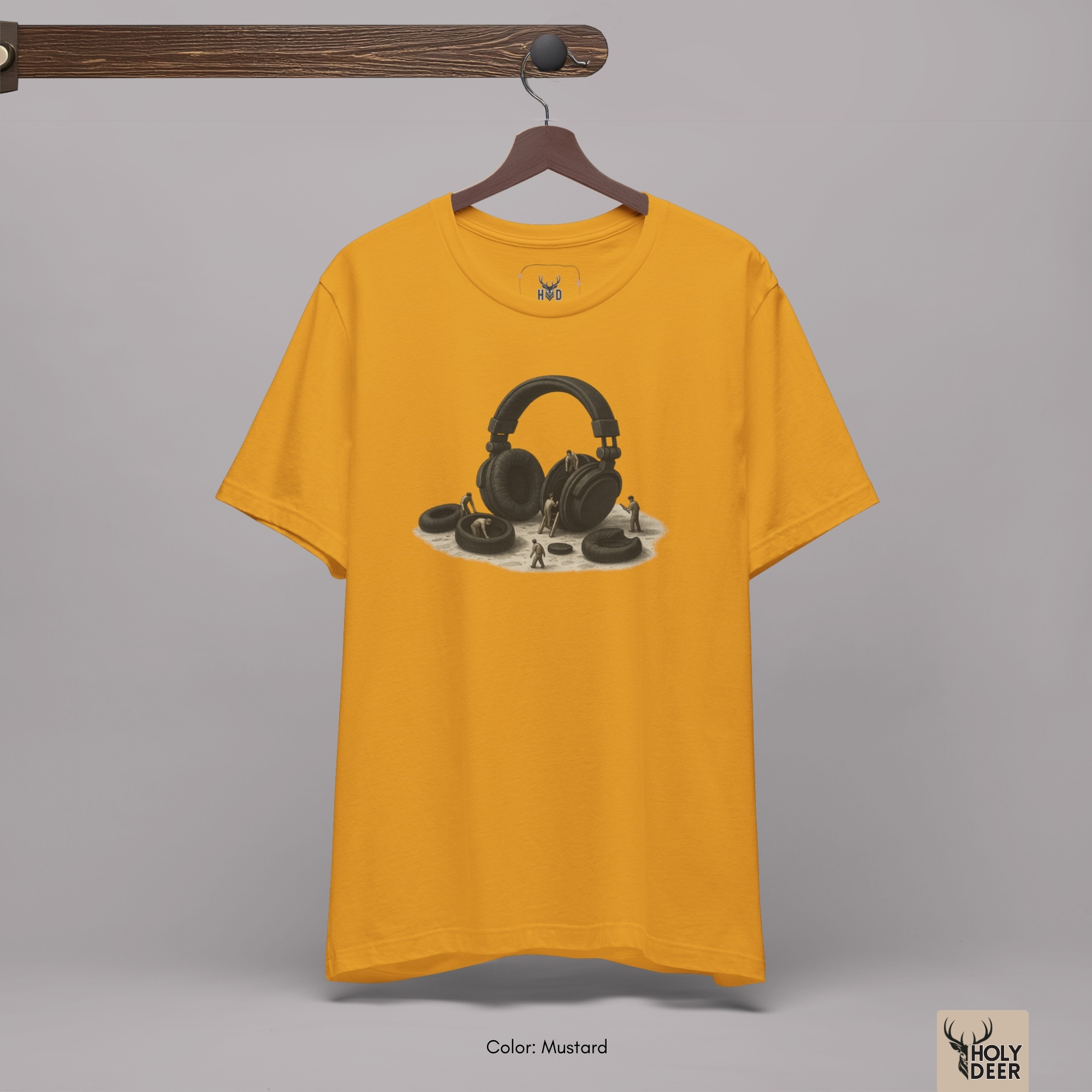 Technical close-up highlighting the broad curved padding arc, mechanical adjustment joints, and matte gray surface shading forming the peak of the headphone art shirt print.