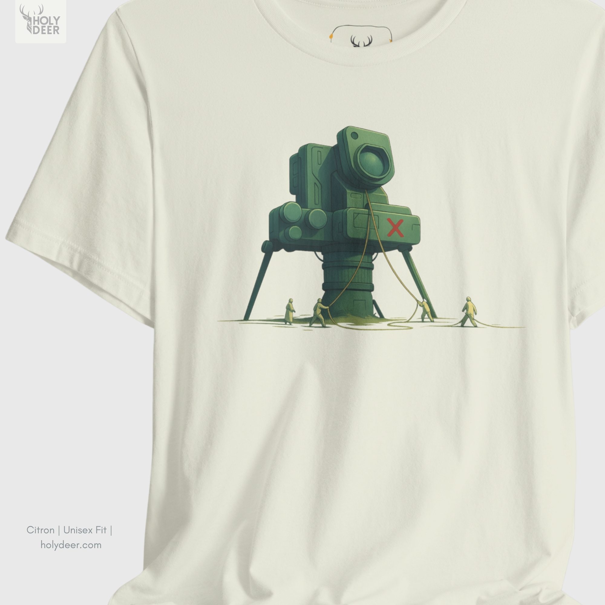 Soft dramatic muted green ray shadow studio backdrop framing the unique Creative Photo Tee by Holydeer Streetwear, magnifying the clean centered aesthetic sci fi placement and premium retro future shirt presentation.