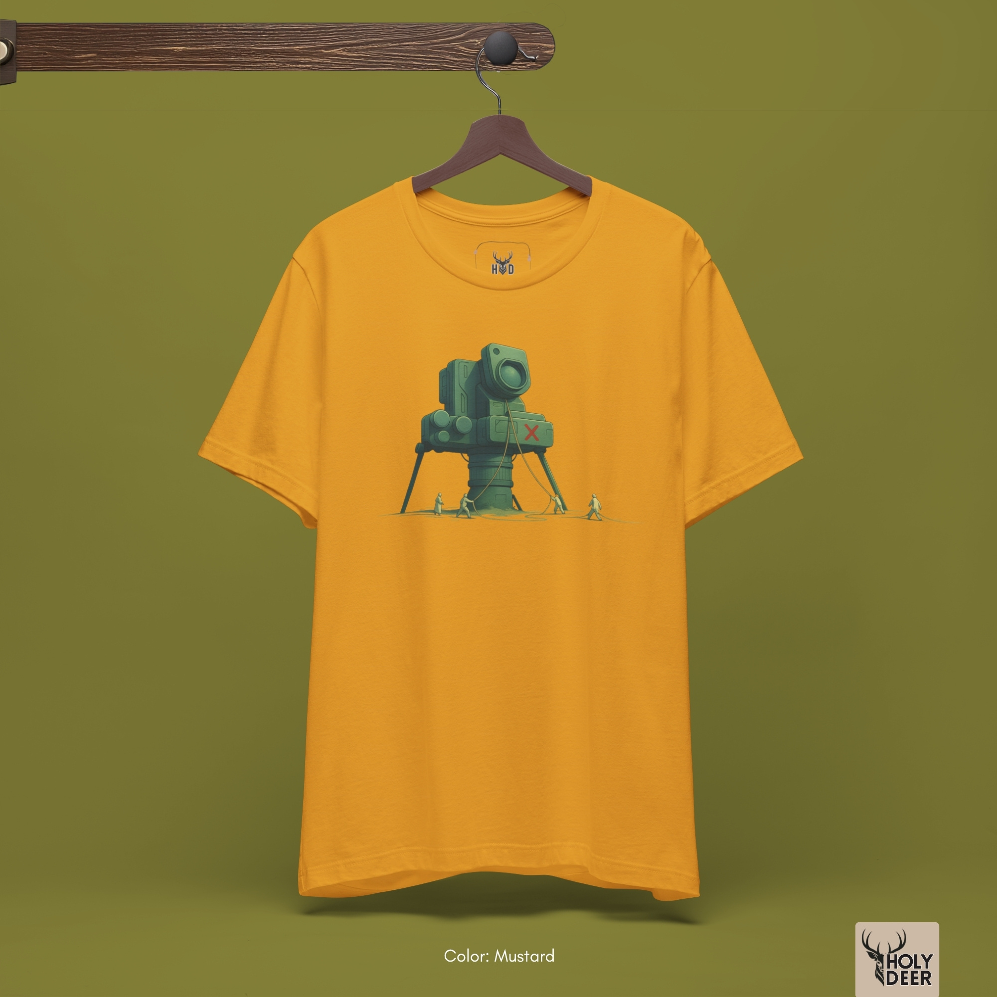 Professional flat lay photography of the Creative Photo Tee by Holydeer Apparel, arranged cleanly next to vintage brass mechanical calipers, heavy olive drab anchor cables, and premium lifestyle sci fi explorer tee items.