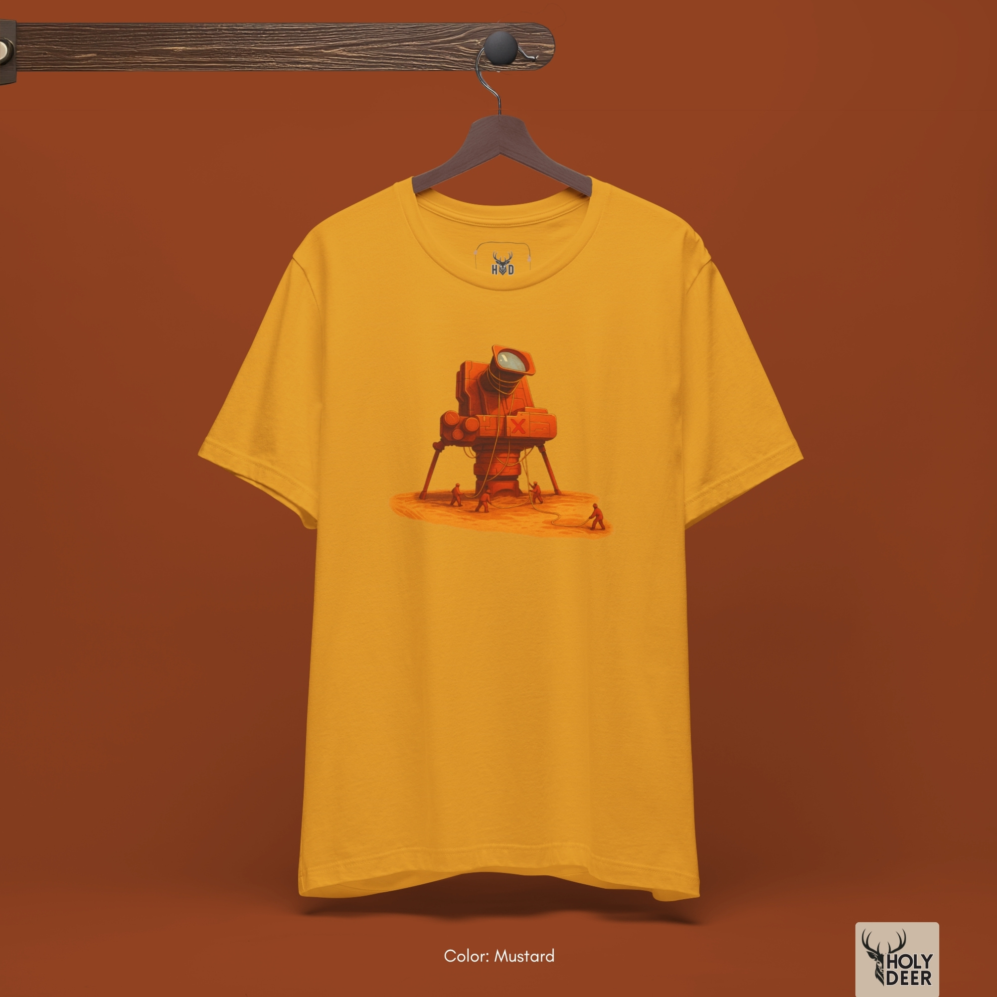 Modern brutalist industrial outpost concrete architecture outdoor lifestyle model wearing the centered Surreal Camera Art from Holydeer Clothing, standing as a high-end photographer gift statement matching elite sci fi explorer tee trends.