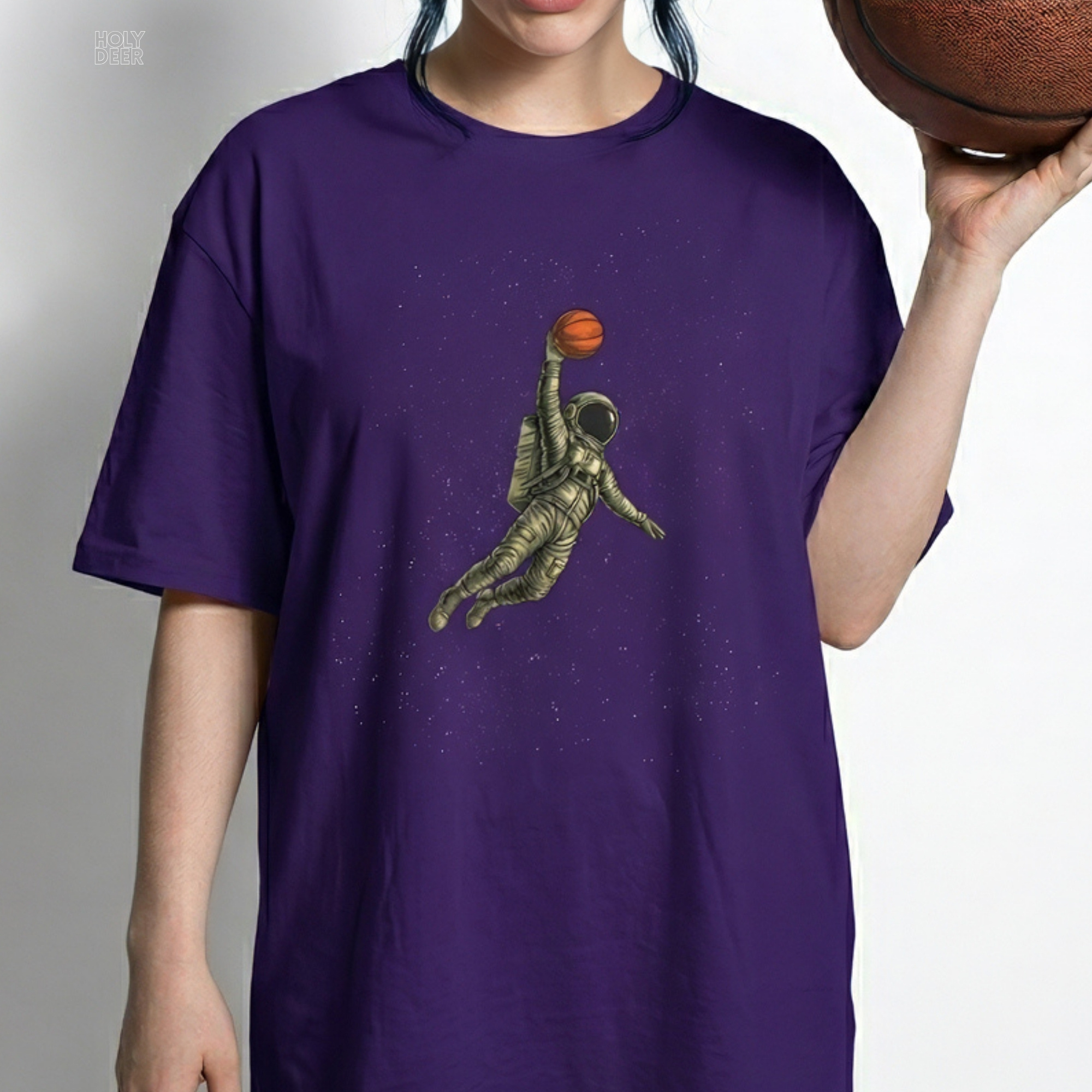 Soft abyssal space black shadow studio backdrop framing the unique Cyberpunk Basketball by Holydeer Streetwear, magnifying the clean centered cyborg baller art placement and premium basketball fan gift presentation.