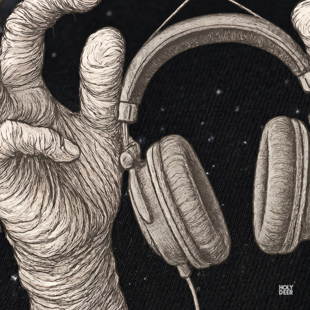 Macro view of the Surreal Music Tee print showcasing intricate ink line-hatching on the studio headphone ear cups, textured skeletal hand art fiber lines, and dangling audio cables crafted exclusively by Holydeer Streetwear.