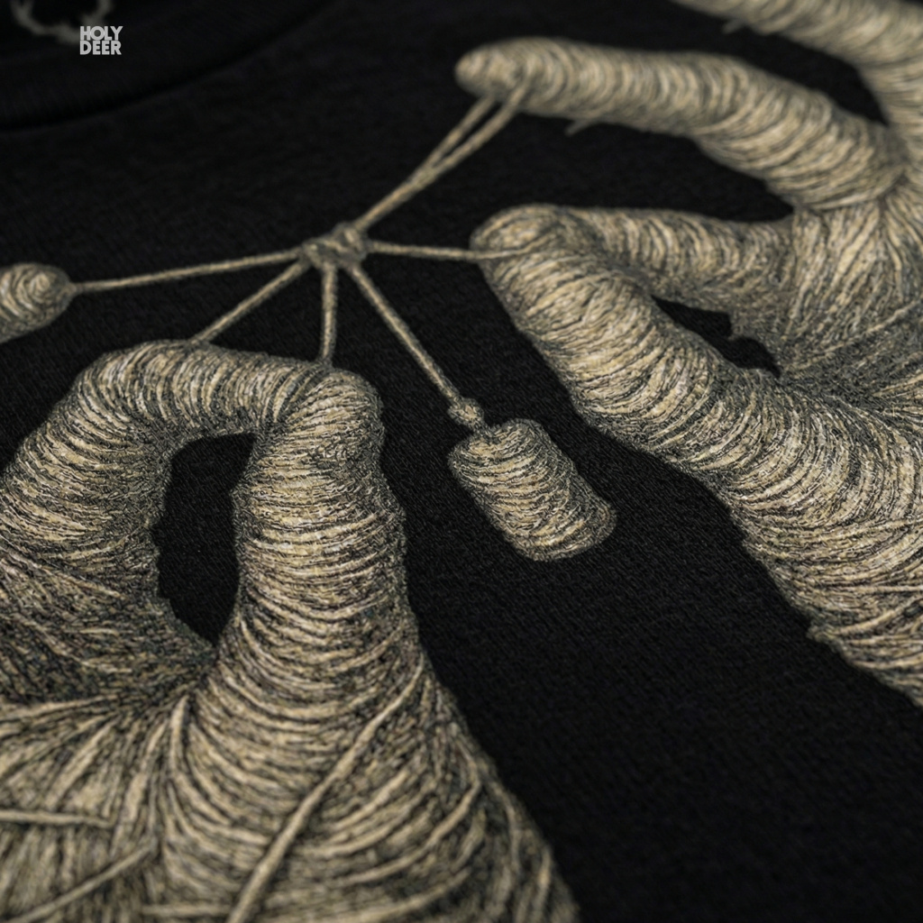 Macro view of the Mummy Hands Shirt print showcasing intricate ink shading on the frayed linen strands, distressed mummy wrap graphic micro textures, and a hanging ritual cylinder seal crafted exclusively by Holydeer Streetwear.