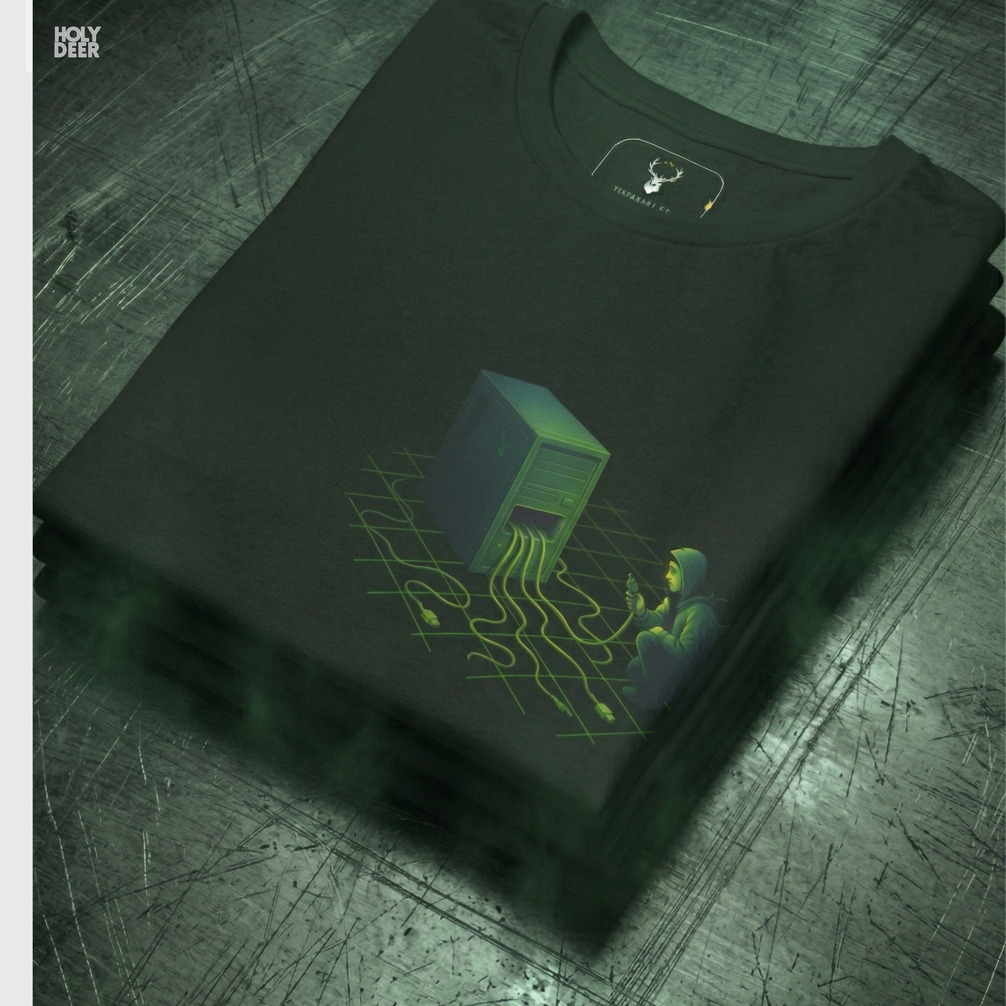 Professional flat lay photography of the Cyberpunk Tee by Holydeer Apparel, arranged elegantly next to split mechanical keyboards and high-end siber-güvenlik encryption journals.