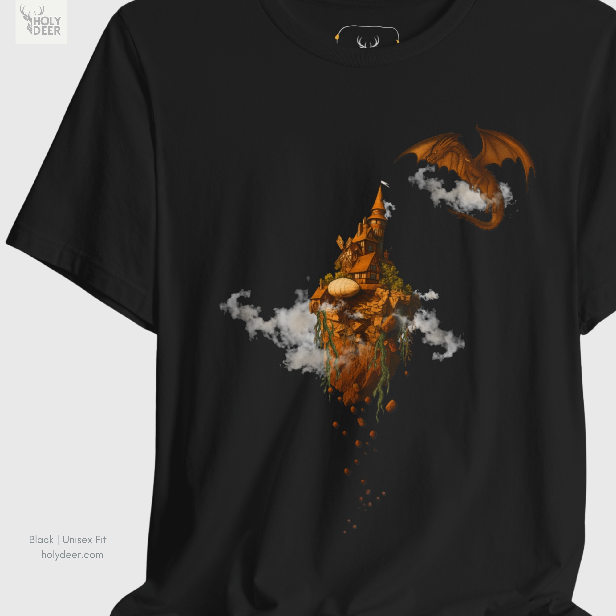 Macro view of the Fantasy Art Tshirt print showcasing intricate tower spires, falling rocks beneath the floating island, and fine line-art details crafted exclusively by Holydeer Streetwear.