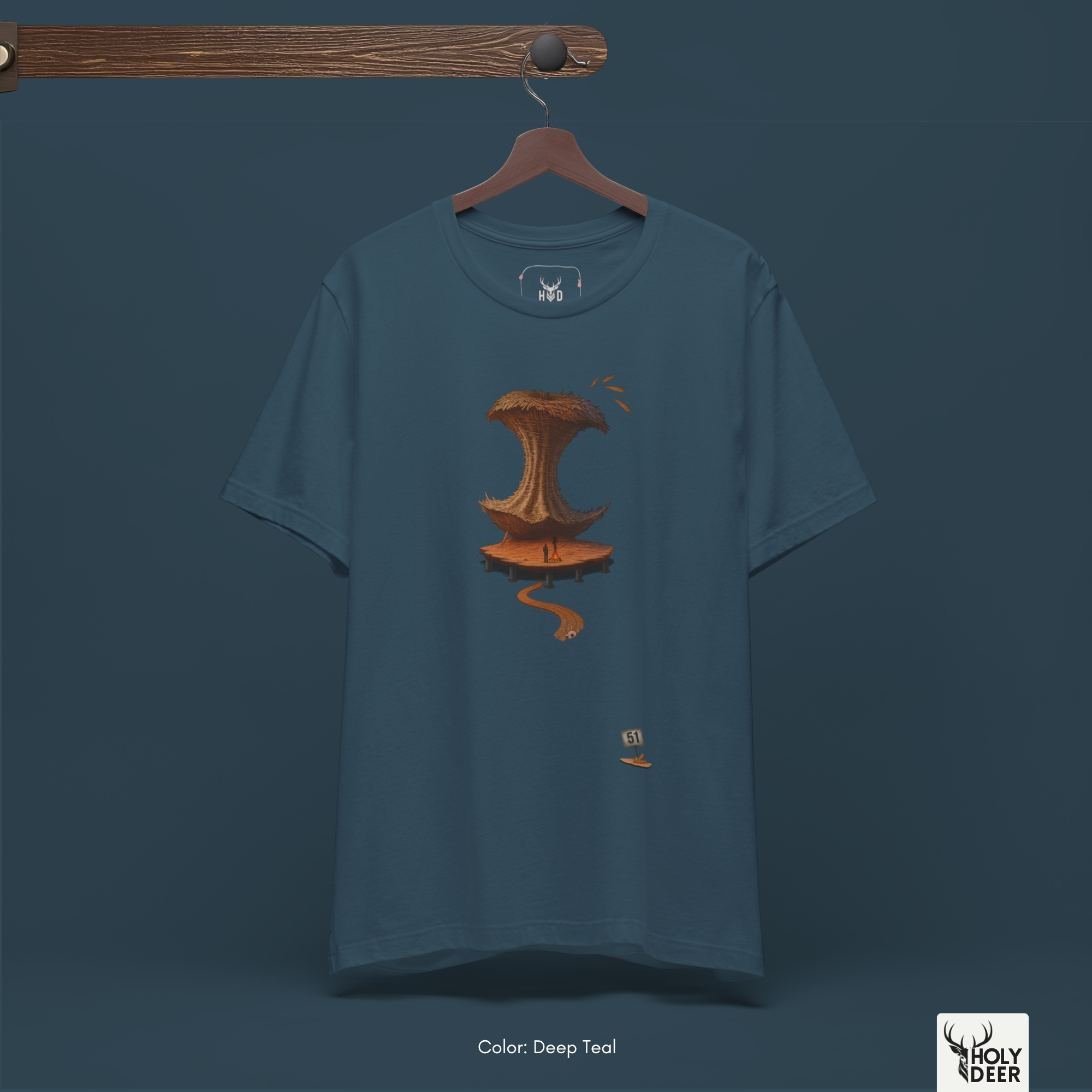 Angled perspective of the premium screen-printed Area 51 Tshirt, detailing the thick paint feel of the pathway line, hidden skull outline, and base support stilts, center layout placement, and the signature holydeer tee high-contrast design.