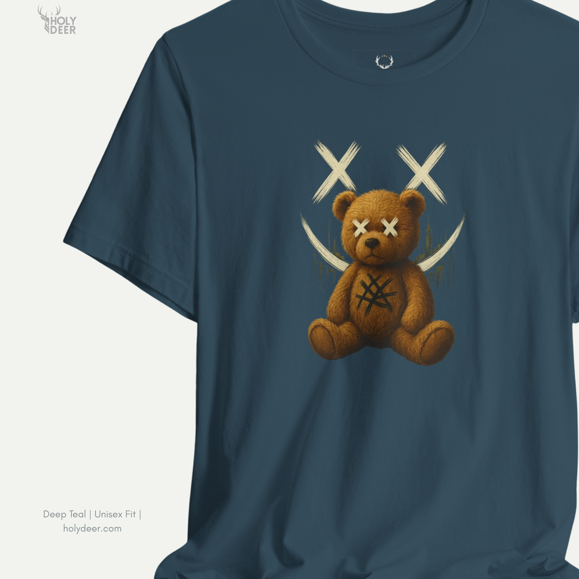 High-magnification print detail tracking the textured brown plush fur fibers, dense snout stitch lines, and the raw white brushed X markings over the eyes of the bad bear design.