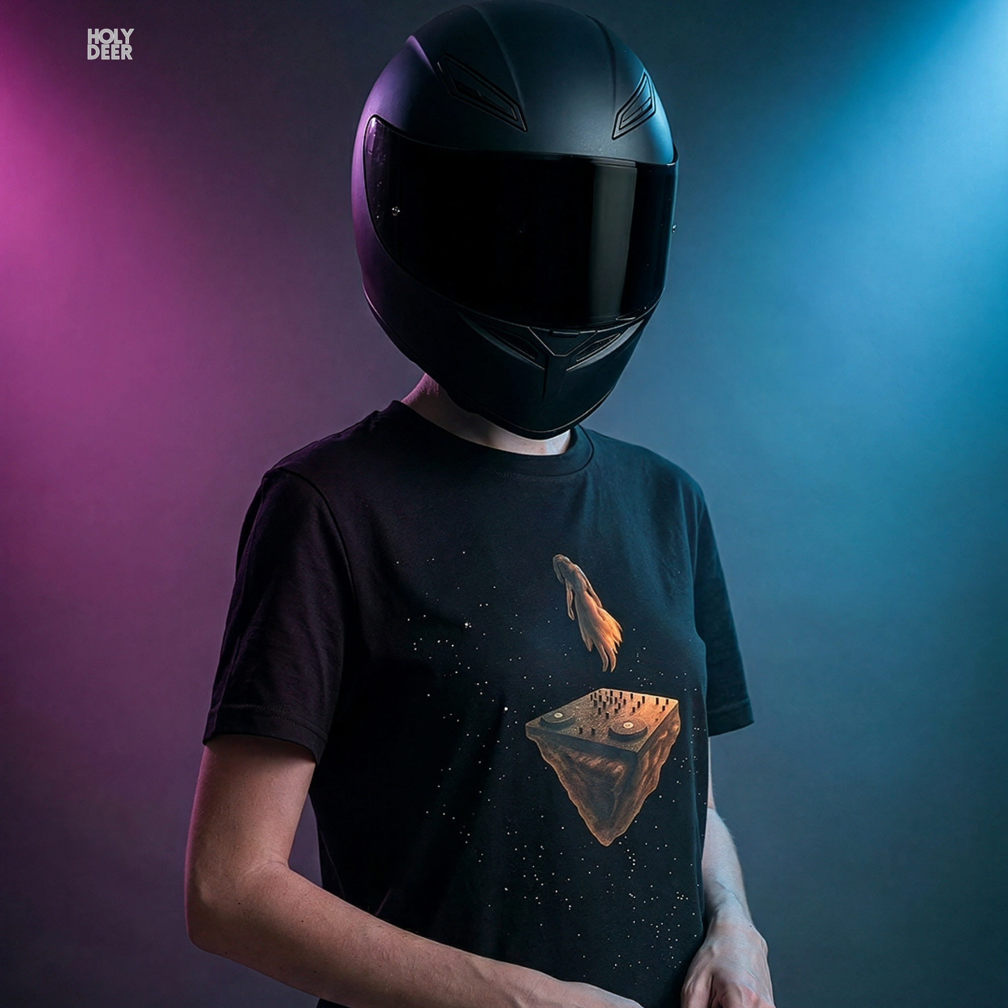 Soft cyber-violet ray shadow studio backdrop framing the unique Melodic Techno Shirt by Holydeer Streetwear, magnifying the clean centered dj controller tshirt placement and premium electronic music tee presentation.
