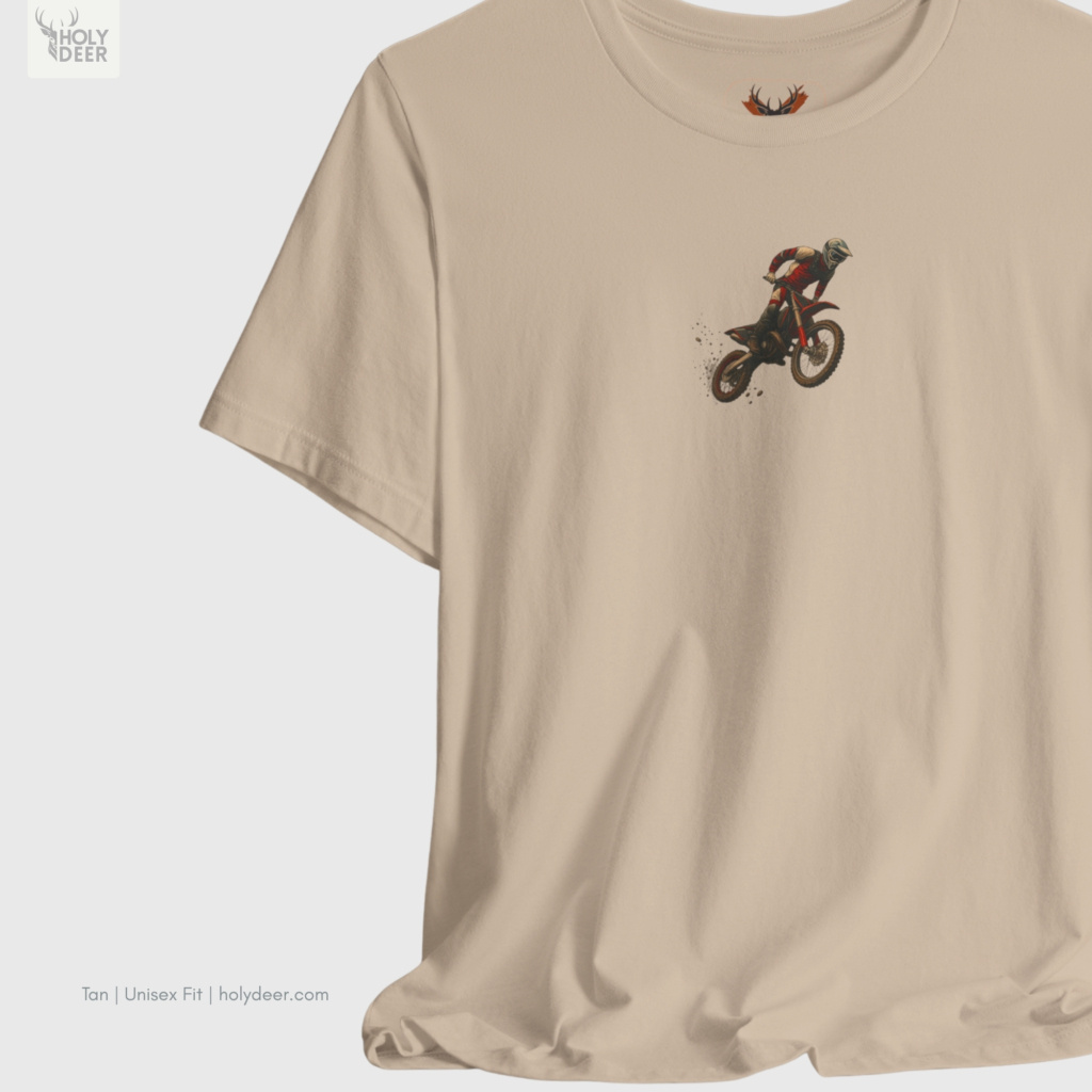 Professional flat lay photography of the Motocross Shirt by Holydeer Apparel, arranged cleanly next to vintage leather riding gloves, matte black tie-down straps, and premium motorcycle hobby items.