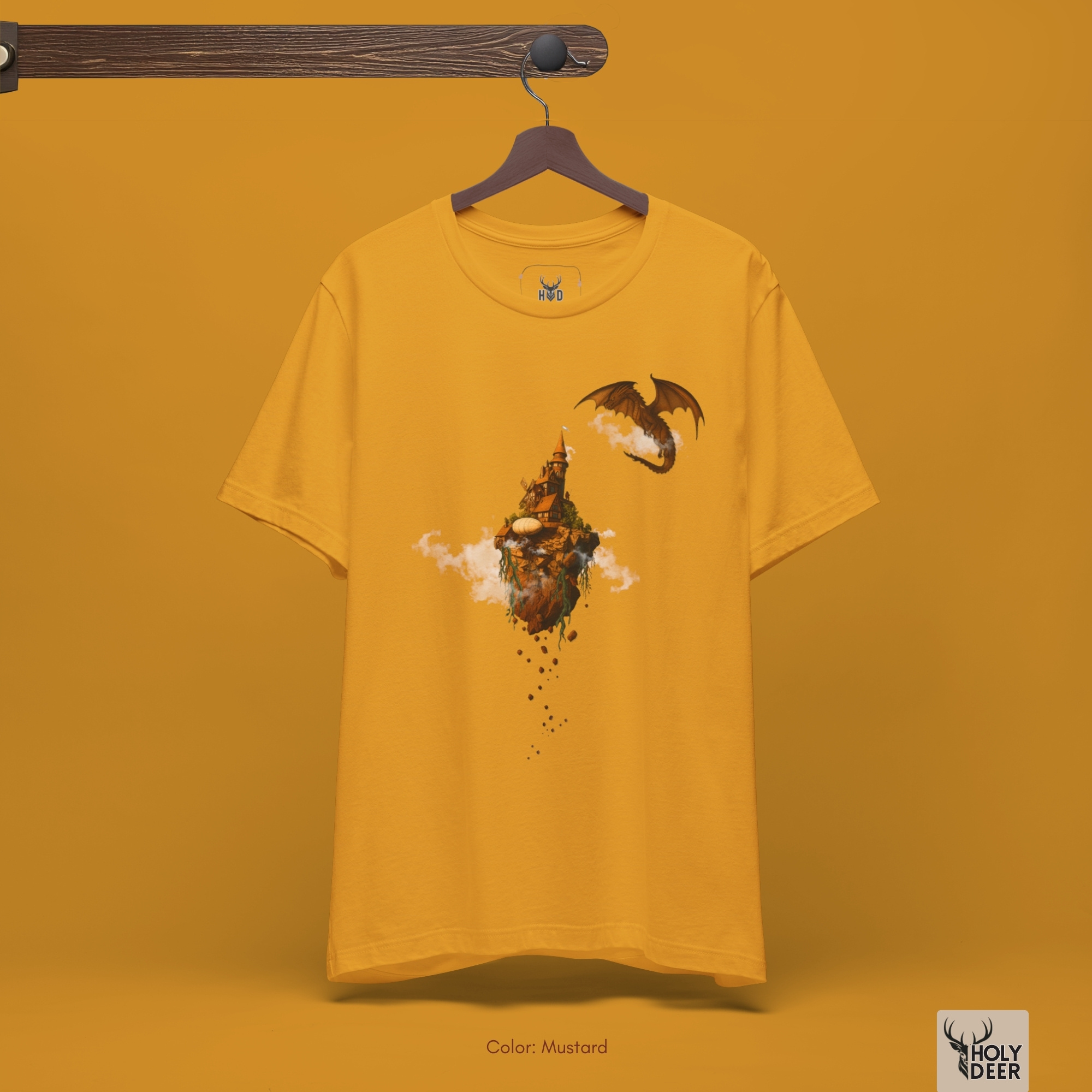 Professional flat lay photography of the Fantasy Art Tshirt by Holydeer Apparel, arranged elegantly next to polyhedral resin dice and high-end fantasy world shirt cartography maps.