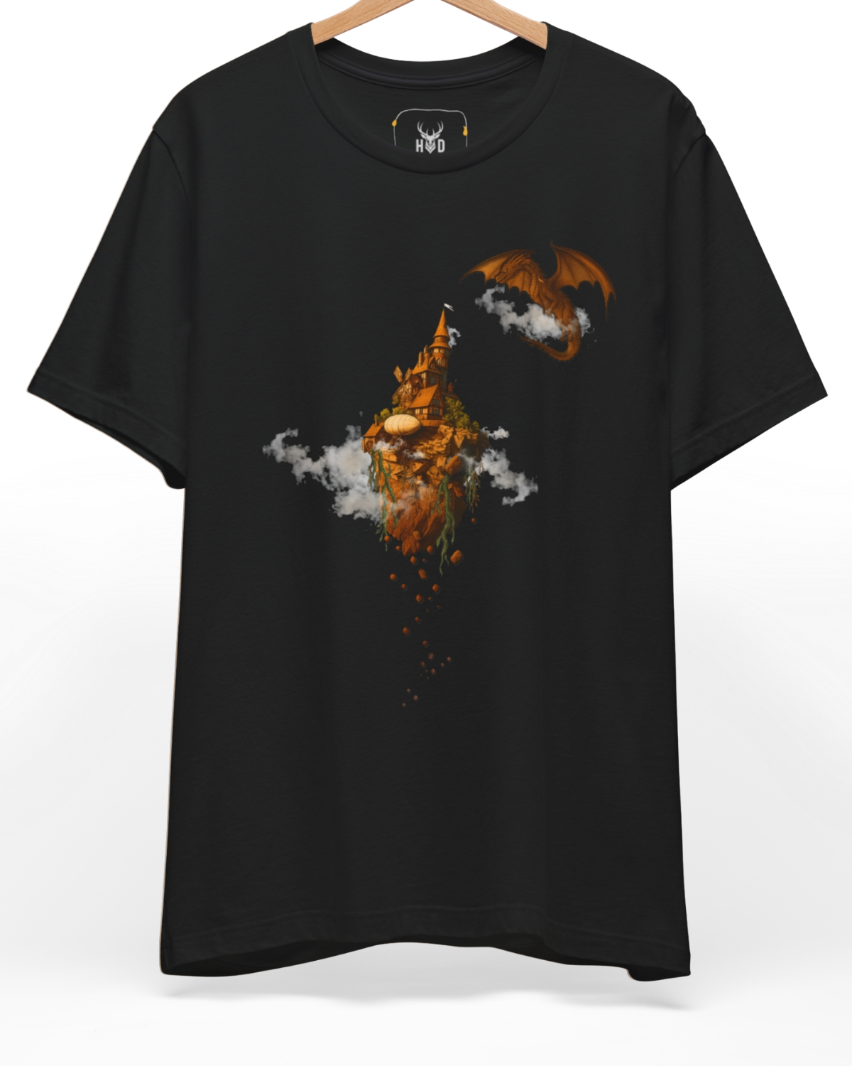 Premium Fantasy Art Tshirt displaying a high-detail floating island and soaring dragon illustration concept on a black graphic tee layout, designed by Holydeer Clothing.