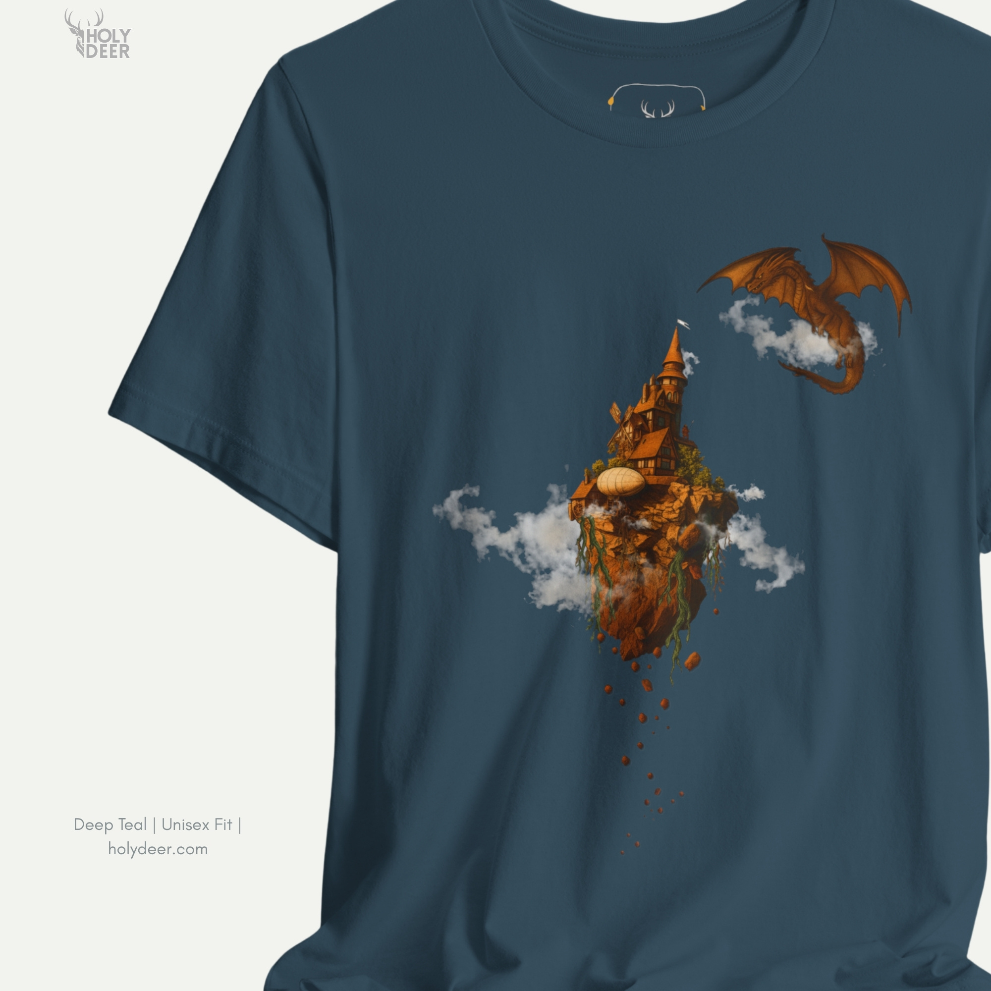 Minimalist dark backdrop focusing heavily on the standalone frame of the Fantasy Art Tshirt by Holydeer, proving it acts as a unique wearable art piece and an essential dragon graphic tee collectible.