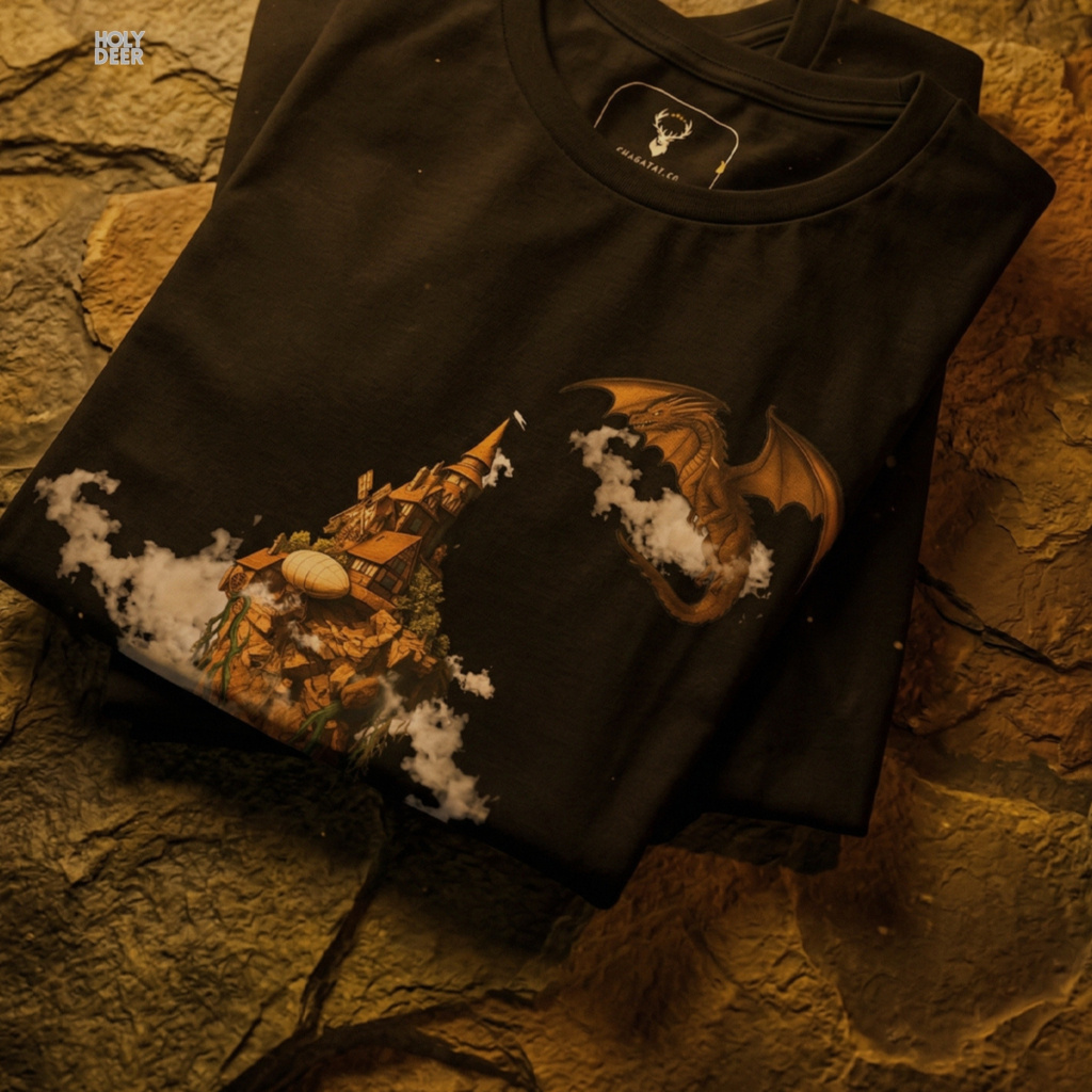 Neo-gothic stone architecture lifestyle model wearing the centered Fantasy Art Tshirt from Holydeer Clothing, standing as a high-end fantasy world shirt statement matching elite dragon art tee trends.