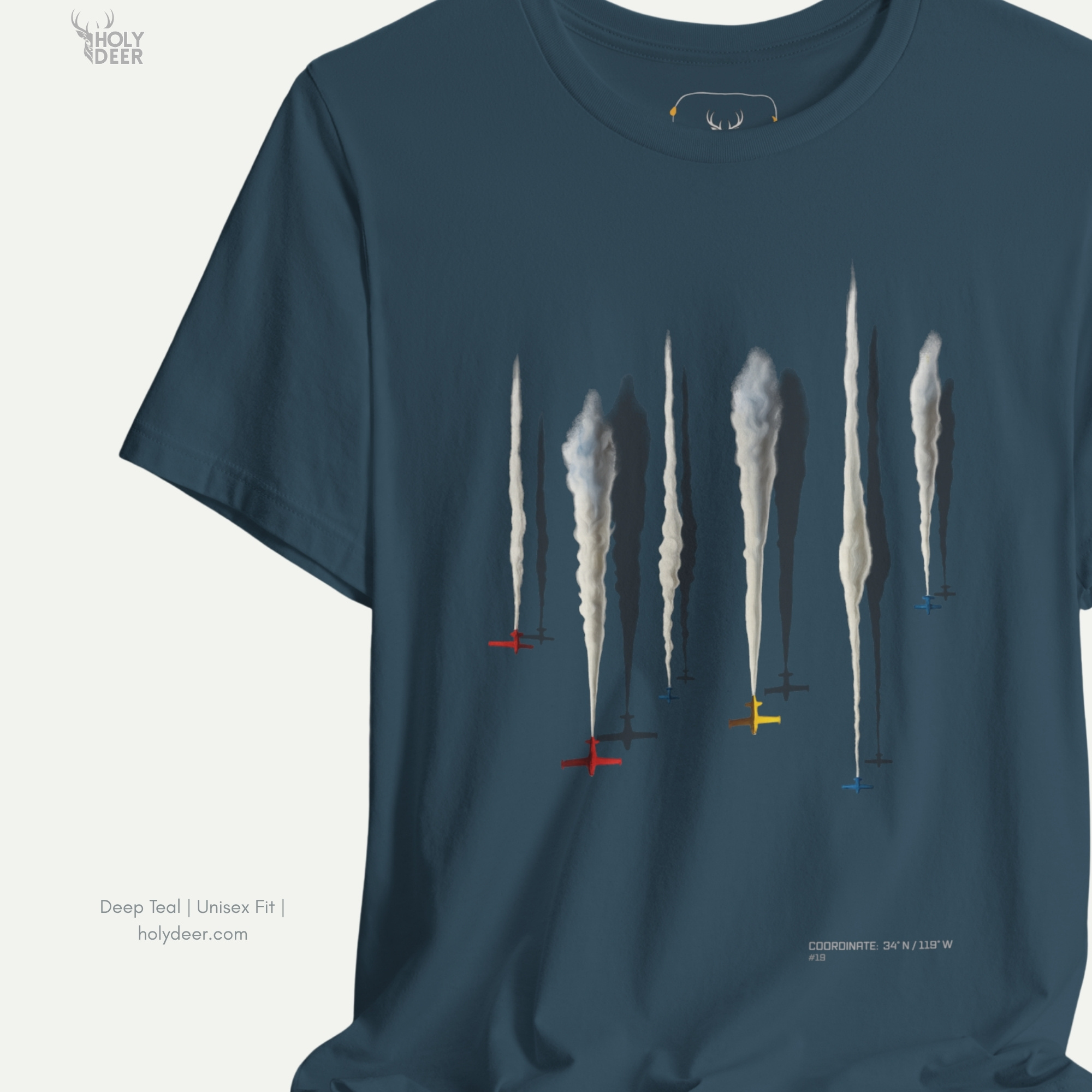 Minimalist dark backdrop focusing heavily on the standalone frame of the Aerobatic Jets Tee by Holydeer, proving it acts as a unique wearable art piece and an essential smoke trail planes collectible.