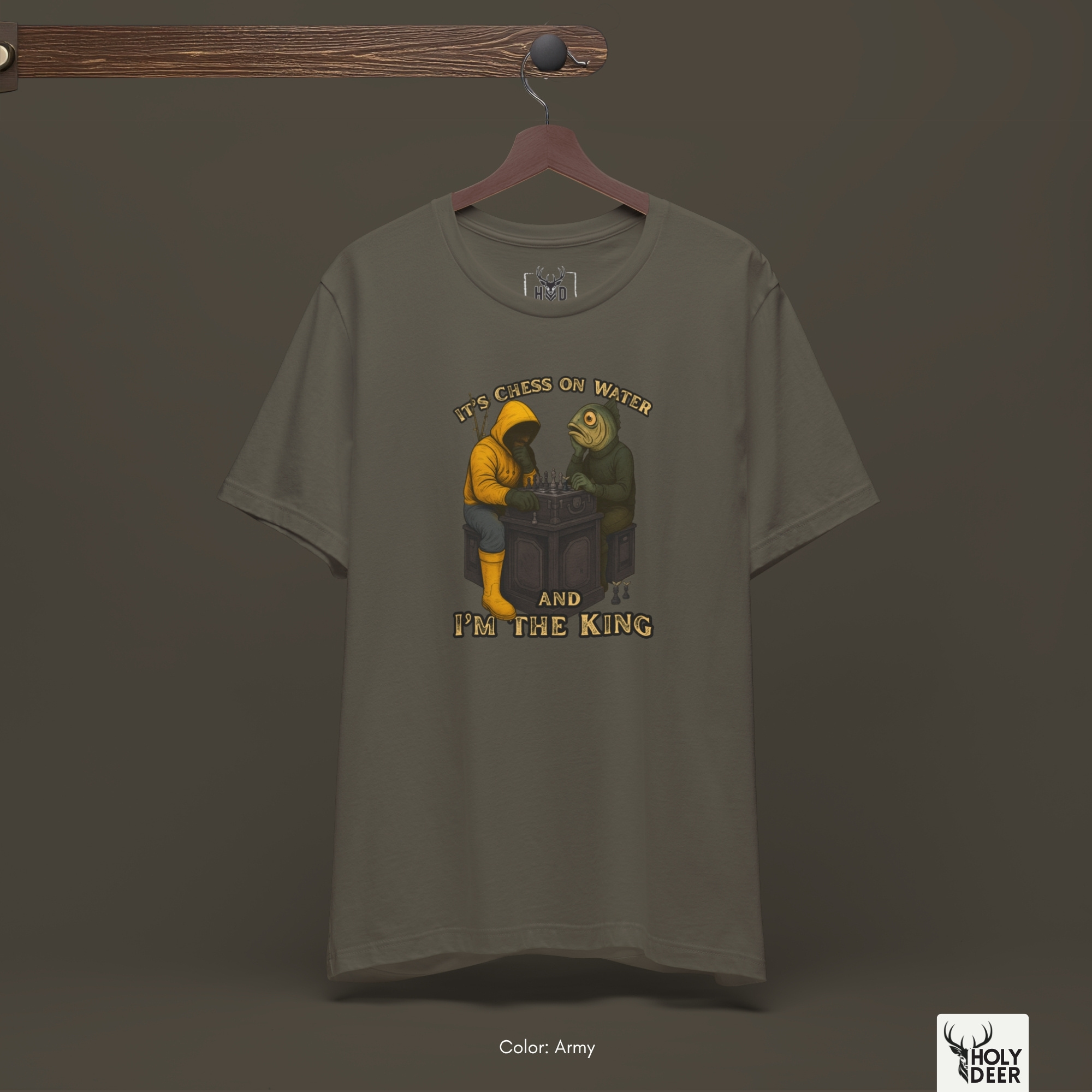Macro view of the Fishing Humor Tee print showcasing intricate line art on the miniature chess pieces, pörtlek gözler fish facial texture, and eskitme text fonts crafted exclusively by Holydeer Streetwear.