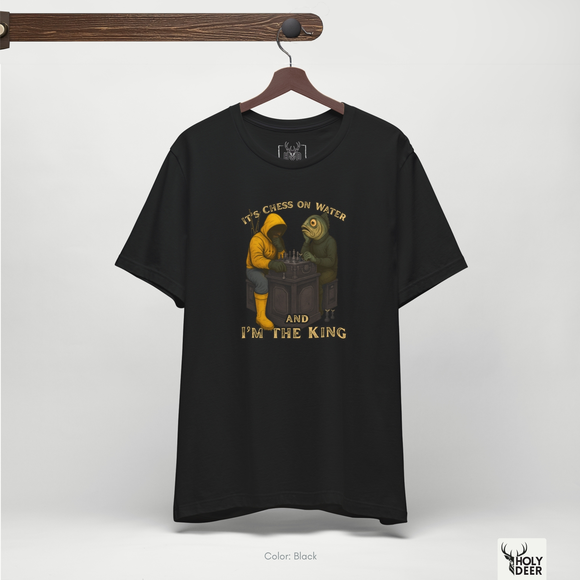 Modern brutalist concrete harbor architecture outdoor lifestyle model wearing the centered Fishing Humor Tee from Holydeer Clothing, standing as a high-end fishing art tee statement matching elite fish lover tee trends.