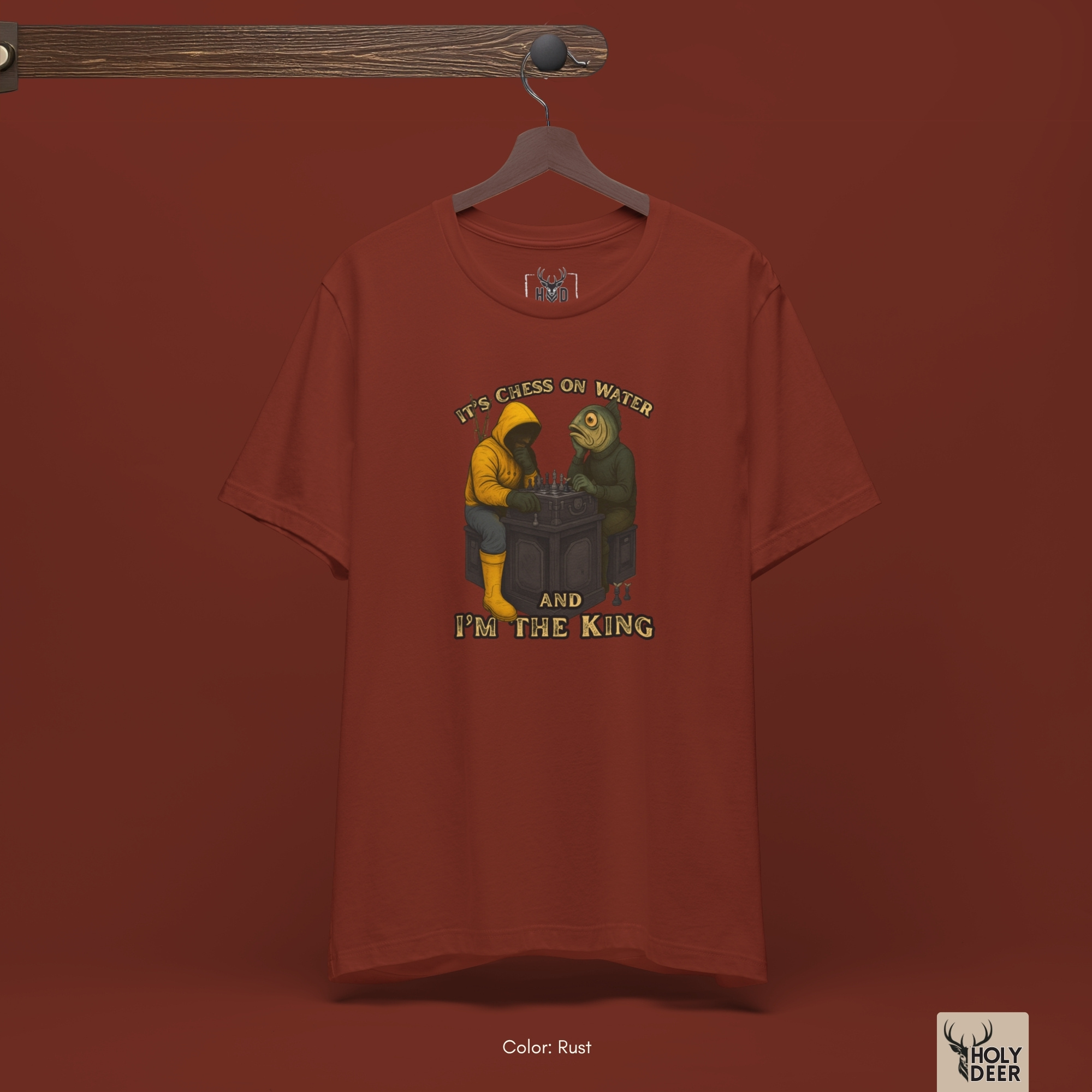 Soft warm vintage lantern ray shadow studio backdrop framing the unique Fishing Humor Tee by Holydeer Streetwear, magnifying the clean centered fish graphic tee placement and premium ocean humor tee presentation.