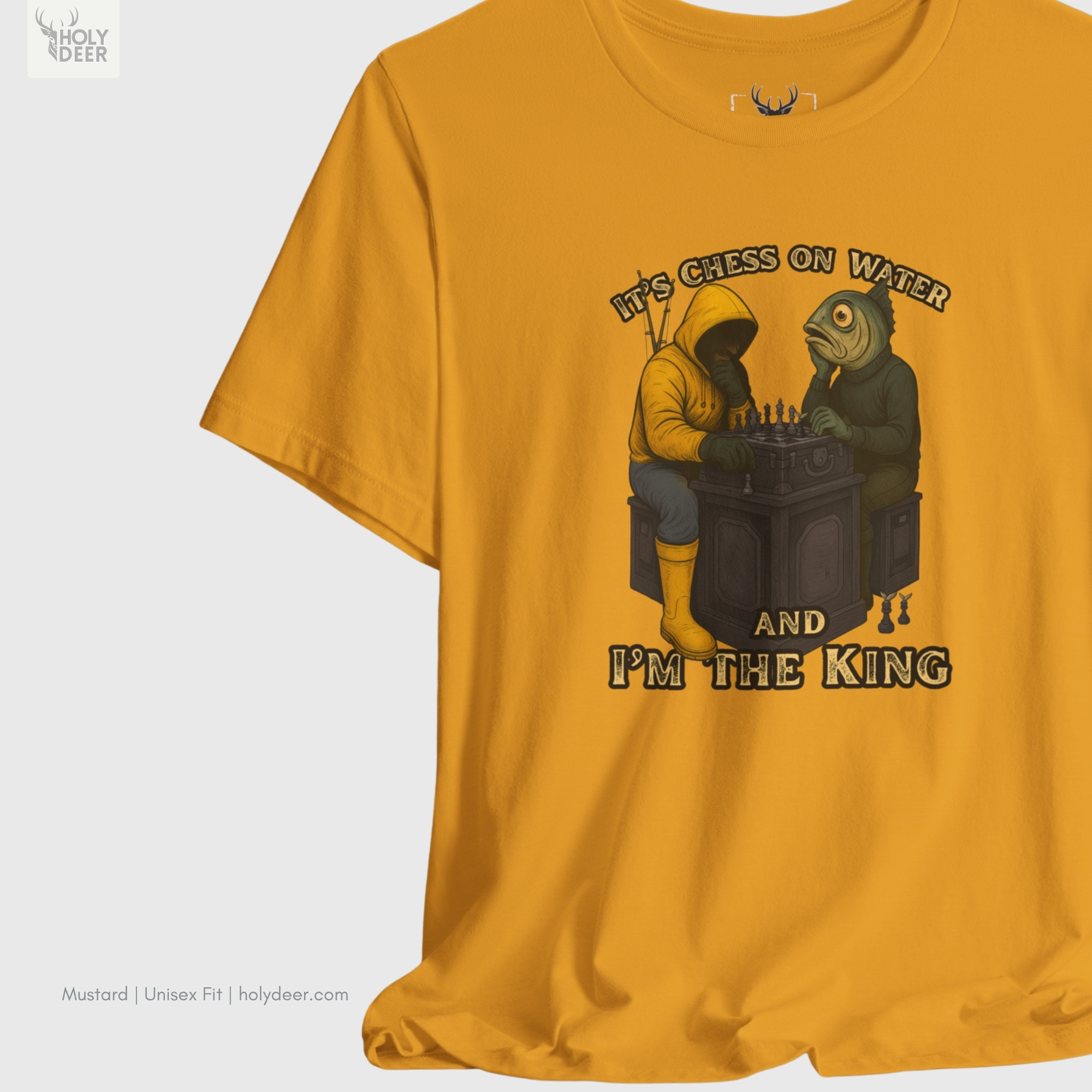Professional flat lay photography of the Fishing Humor Tee by Holydeer Apparel, arranged cleanly next to antique hand-carved wooden chessboards, polished metal fish lures, and premium fisherman gift tee items.