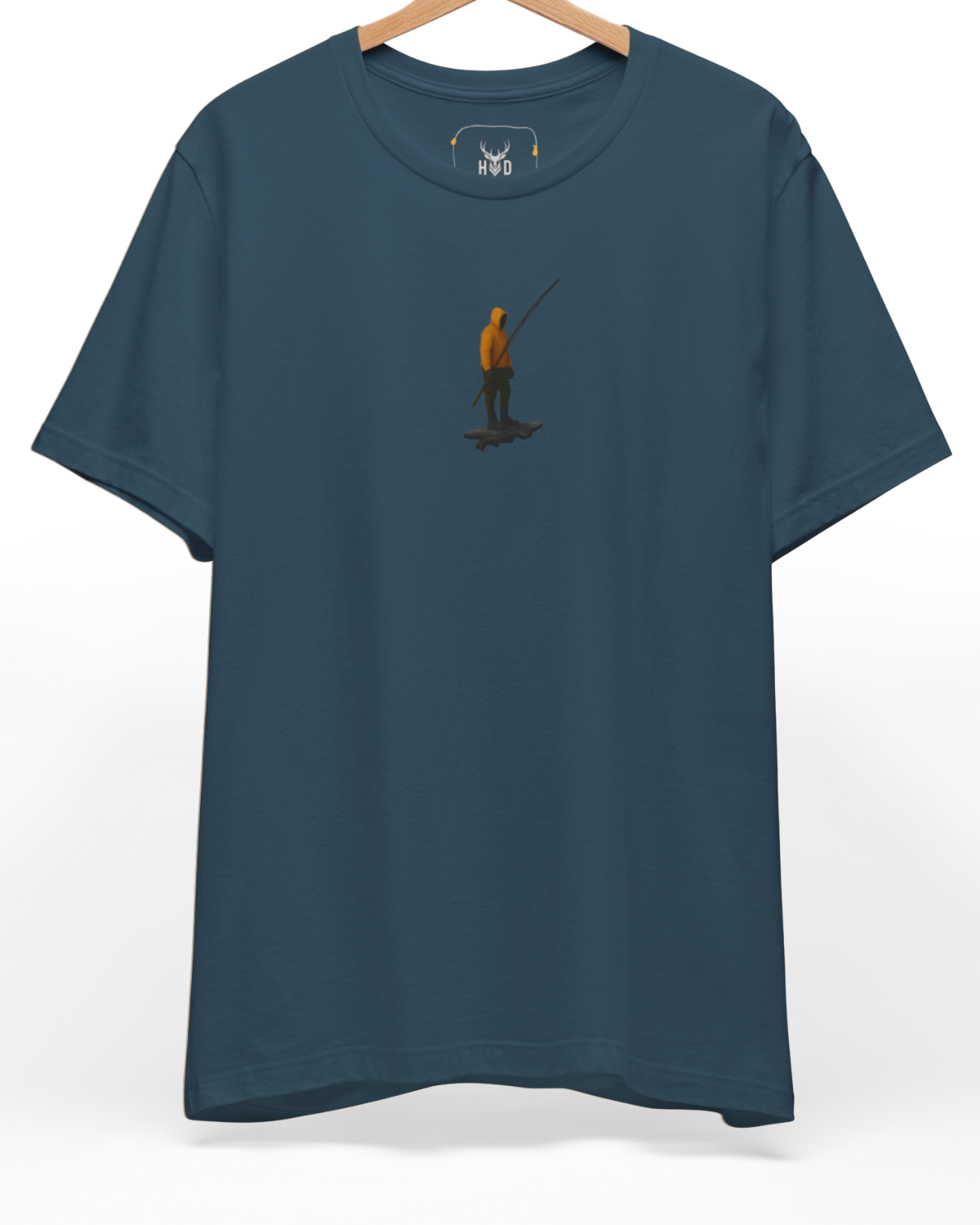 Premium Minimalist Fish Tee displaying a high-detail nautical aesthetic tee and vintage fly fishing style layout on a deep teal cotton shirt, designed by Holydeer Clothing.