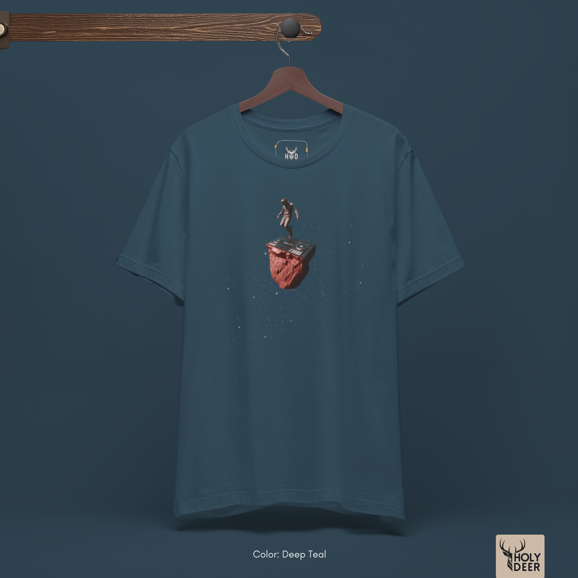 Minimalist dark backdrop focusing heavily on the standalone frame of the Techno Rave Tshirt by Holydeer, proving it acts as a unique wearable art piece and an essential techno rave tshirt collectible.