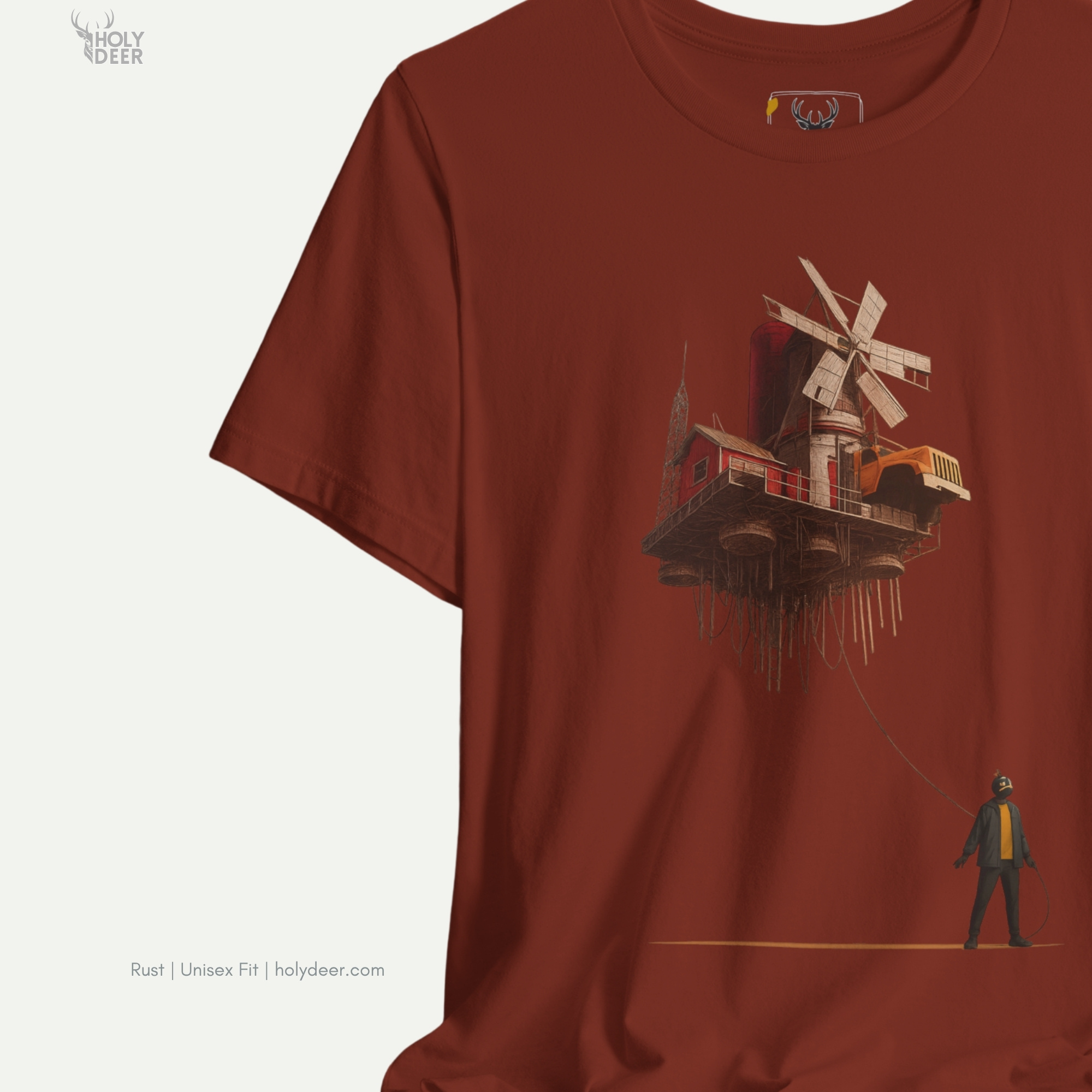 Soft shadow studio backdrop framing the unique Surreal Art Tshirt by Holydeer Streetwear, magnifying the clean centered floating house tee placement and premium unique art tshirt presentation.