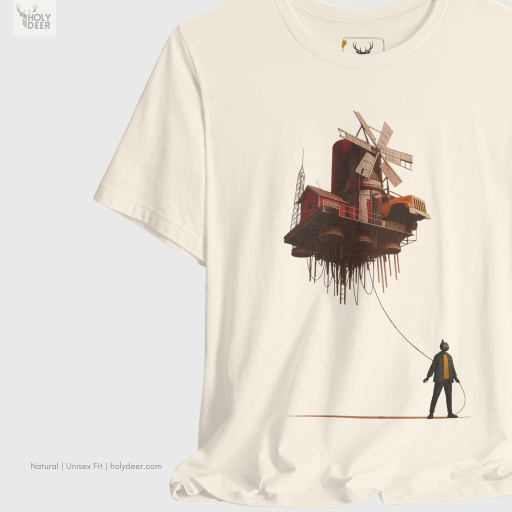Macro view of the Surreal Art Tshirt print showcasing intricate engine pipes beneath the floating platform, rusted windmill sails, and creative tshirt textures crafted exclusively by Holydeer Streetwear.