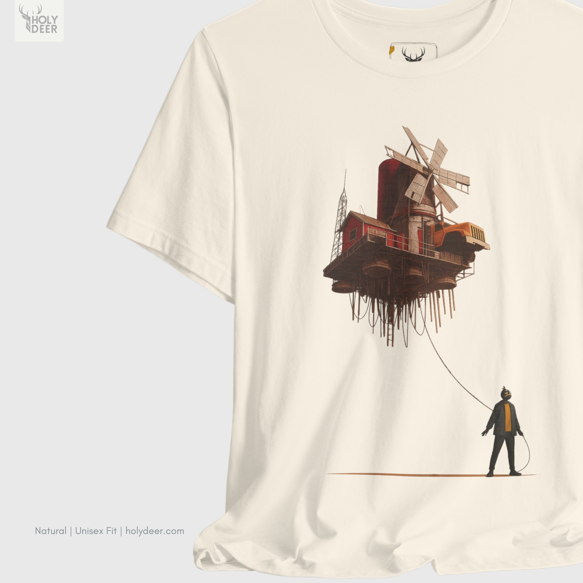 Macro view of the Surreal Art Tshirt print showcasing intricate engine pipes beneath the floating platform, rusted windmill sails, and creative tshirt textures crafted exclusively by Holydeer Streetwear.